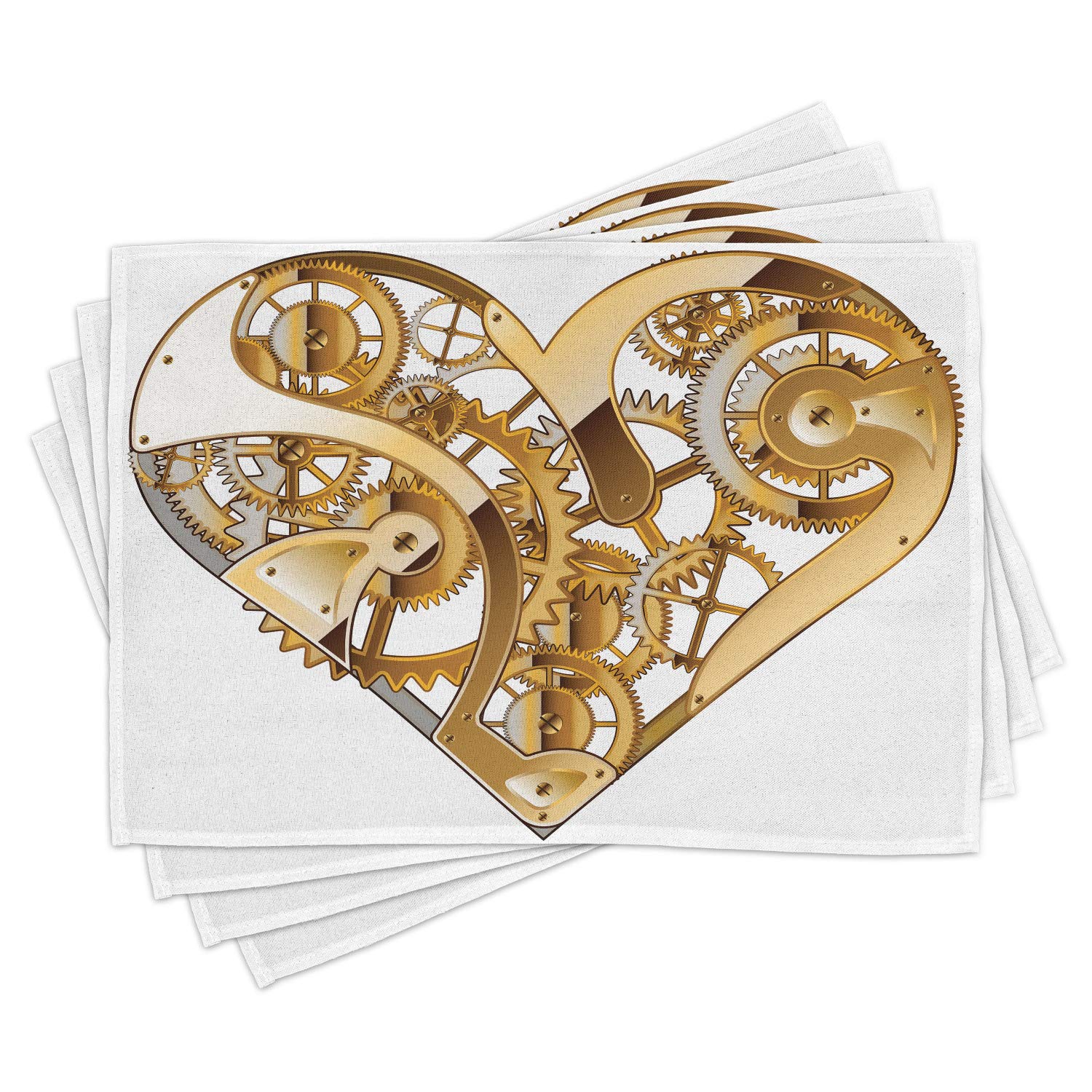 Ambesonne Industrial Placemats Set of 4 - Mechanic Heart Physical Bodies Complex Structure Love Techno Romance Design - Washable Fabric Table Mats for Dining Room & Kitchen Decor in Pale Brown & White - Perfect for Dinner Parties, Family Gatherings & Home Decor