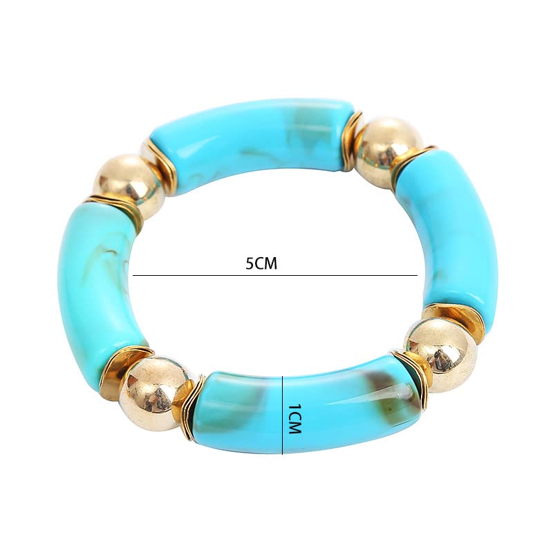 Gold Plated Bamboo Tube Beaded Acrylic Stretch Bracelet - Colorful Chunky Curved Friendship Jewelry for Women | Perfect for Summer, Beach, Boho Style & Everyday Wear