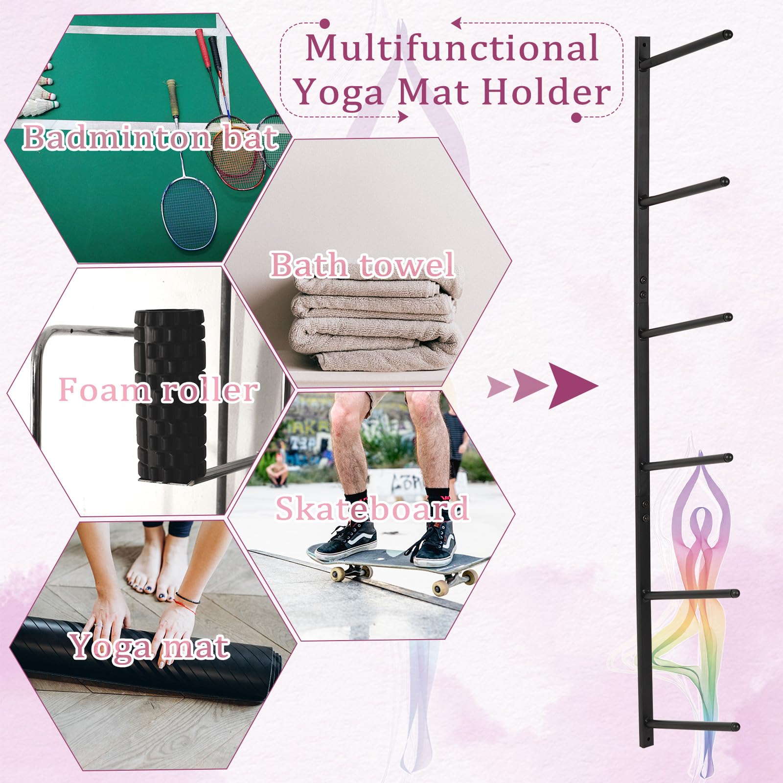 Wall Mount Yoga Mat Holder & Organizer - Storage Rack for Yoga Mats, Foam Rollers, Skateboards & Ski Boards - Perfect for Home Gym, Yoga Studio & Sports Equipment Storage