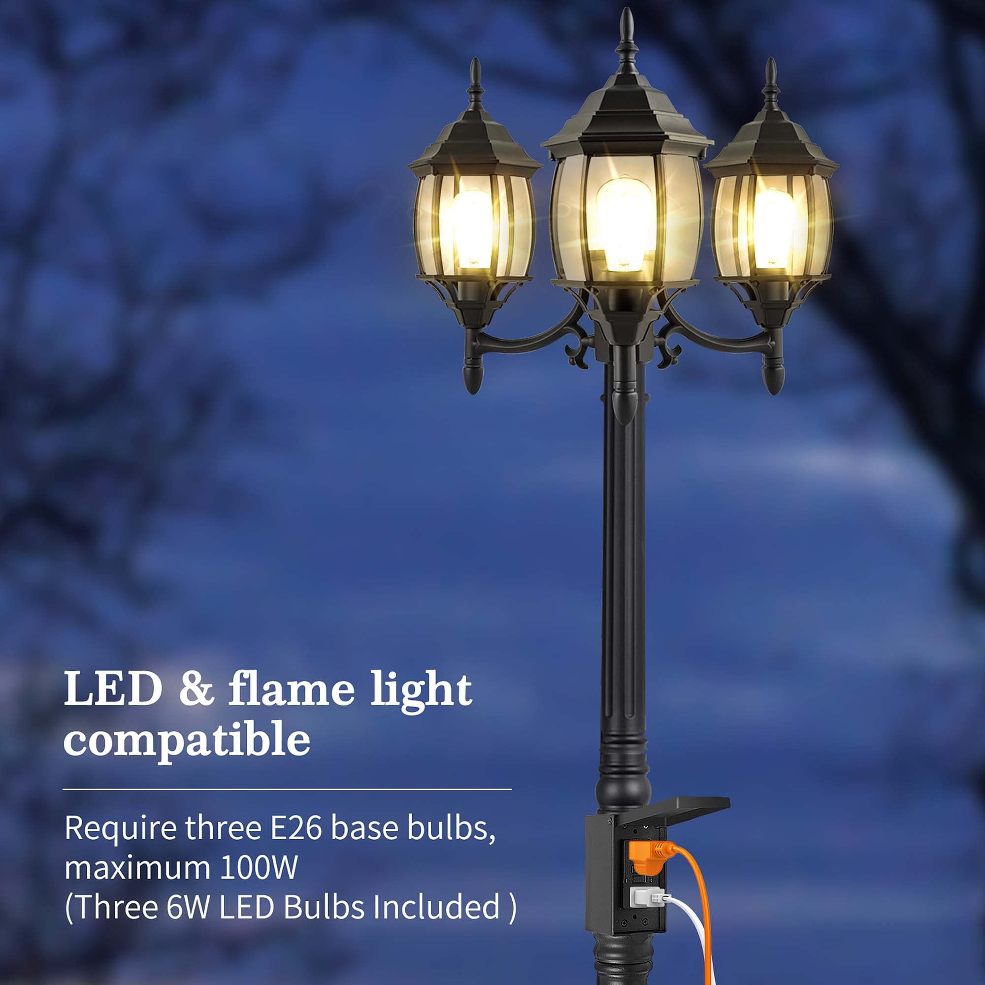 Dusk to Dawn Outdoor Lamp Post Light with GFCI Outlet - 3-Head Classic Black Light Pole with Glass Panels (3 LED Bulbs Included) - Waterproof Aluminum Street Light for Backyard, Garden, Driveway, Patio & Walkway Lighting