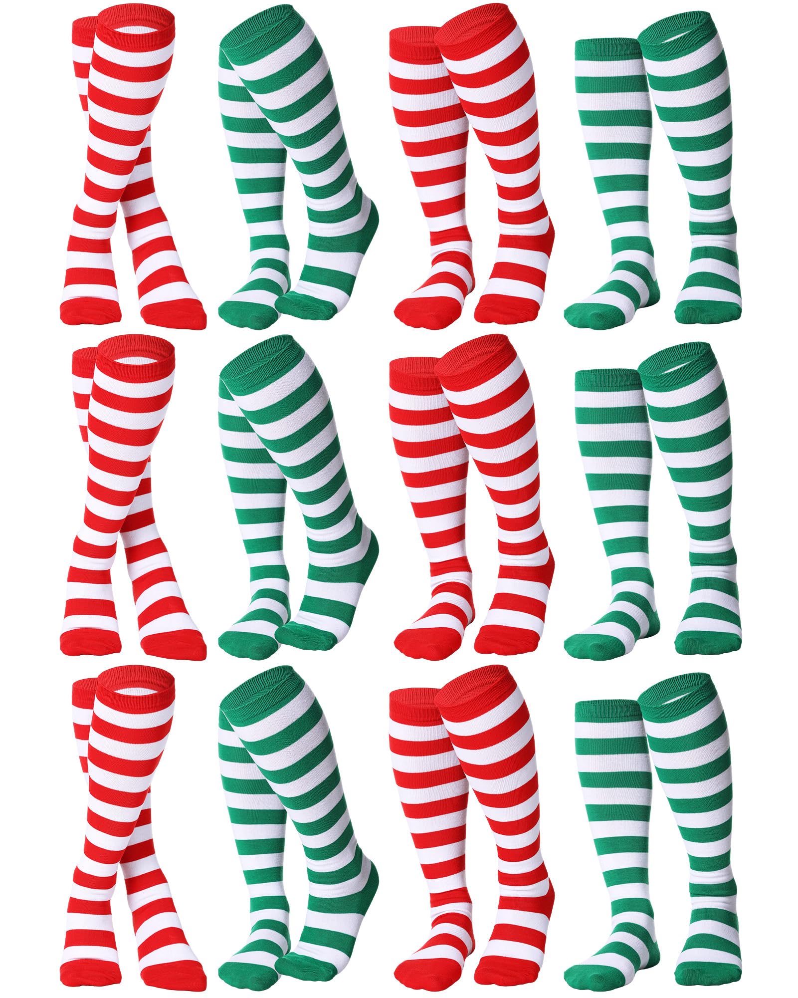 12 Pairs Christmas Socks for Women & Men - Festive Striped Knee High Stockings in Red & Green - Perfect for Holiday Gifts, Xmas Parties & Cozy Winter Wear