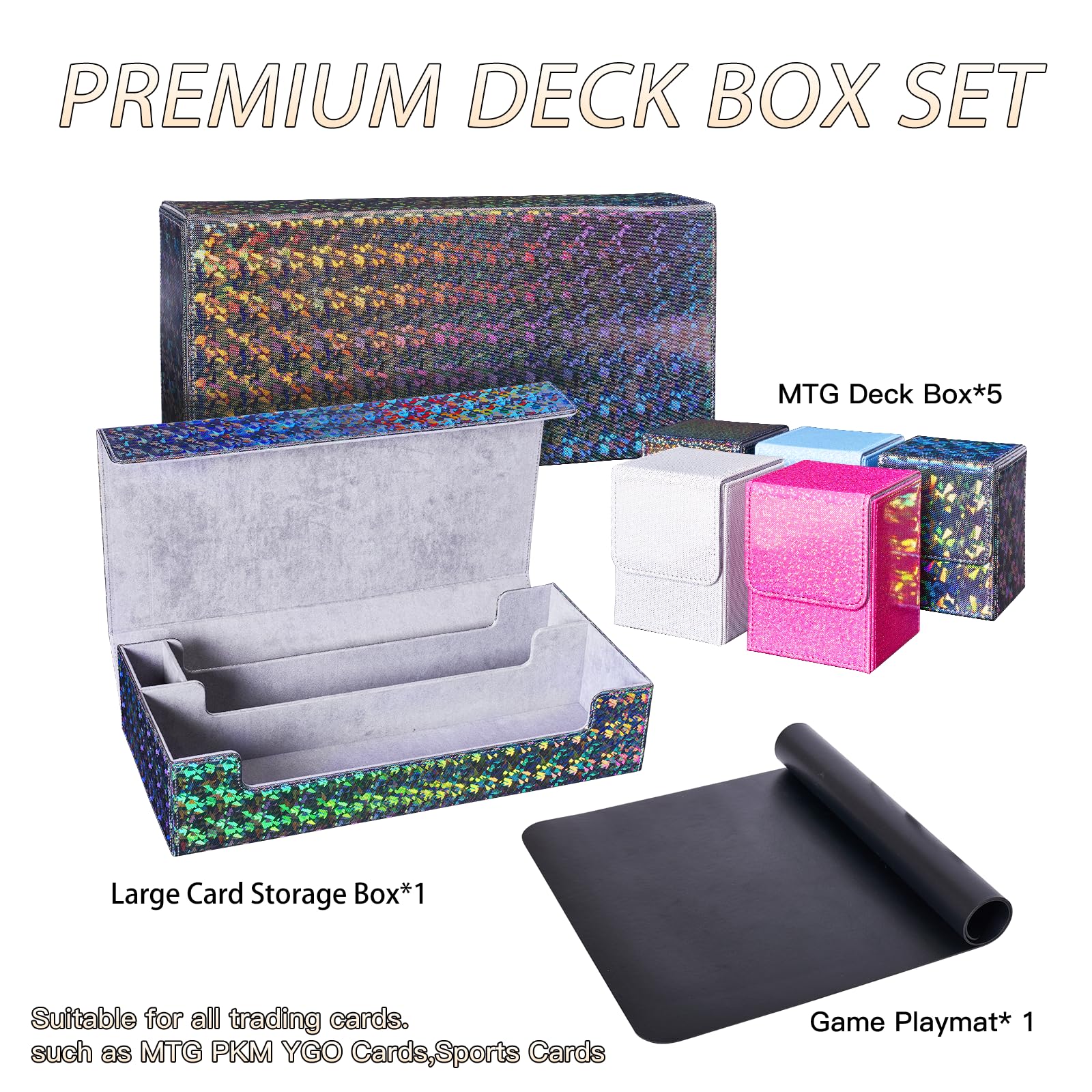 Premium Leather TCG/MTG Deck Box with 5 Small Storage Boxes & Play Mat - Holds 1000+ Magic/Yugioh Trading Cards (Sparkly Black) - Perfect for Card Game Tournaments, Collectors & Home Game Nights
