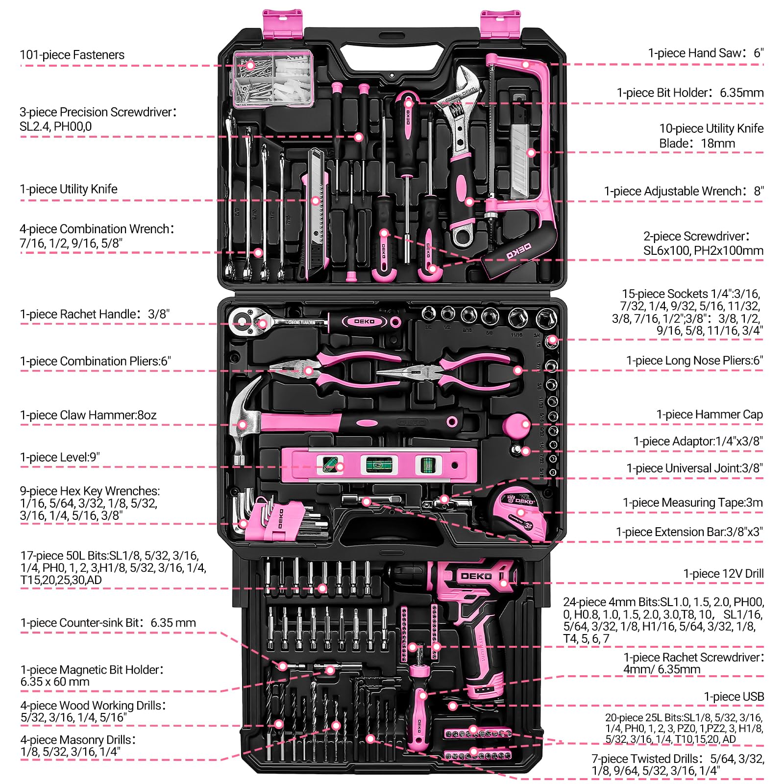 **DEKOPRO 12V Cordless Drill & Tool Kit Set - 65-Piece Pink Home Mechanic Toolbox with Storage Case | DIY Repair, Woodworking, Household Fixes | Perfect for Men & Women**