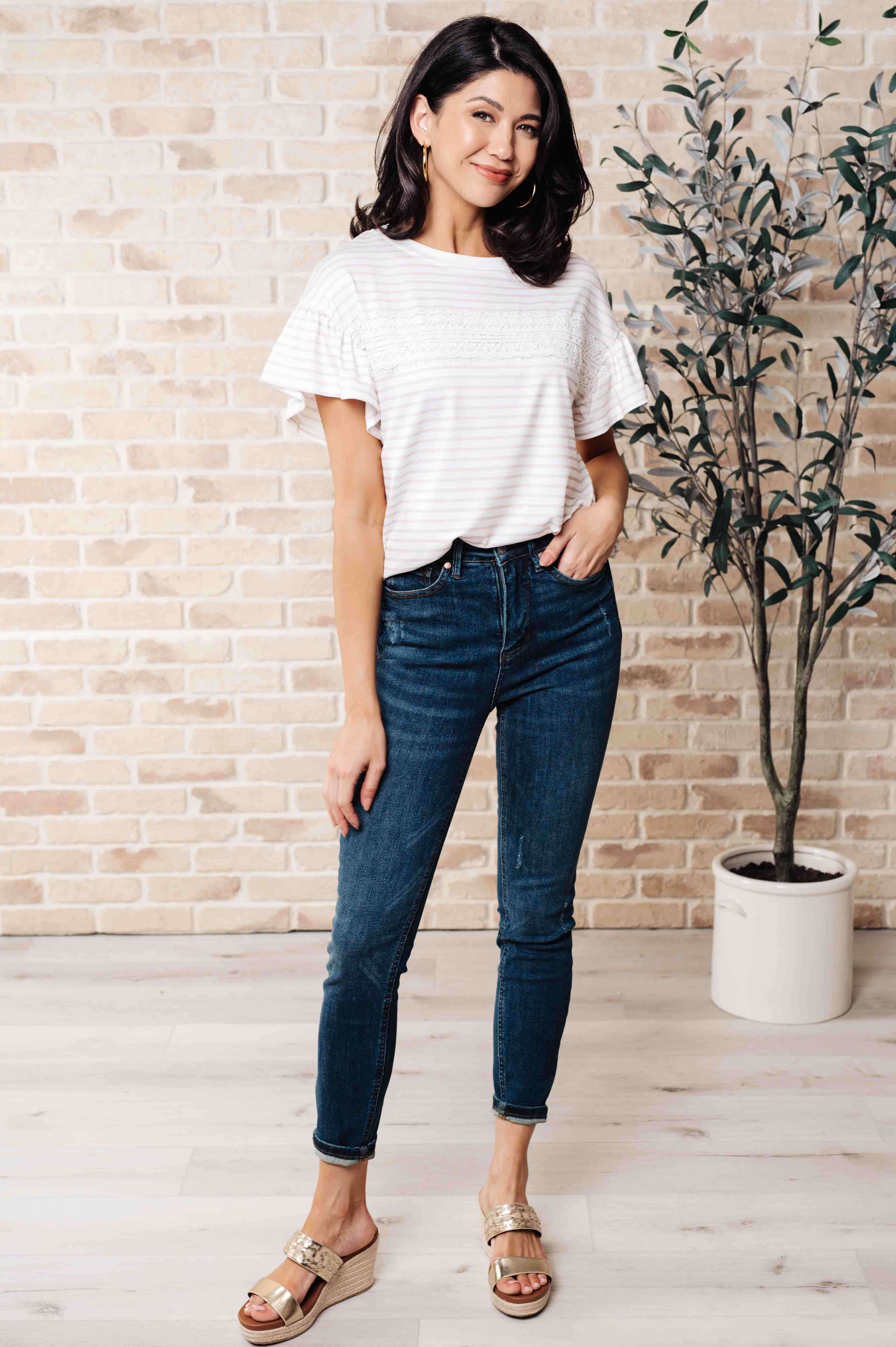 Elegant Lace Detail Striped Women's Top - Breathable Summer Blouse for Casual Outings & Date Nights