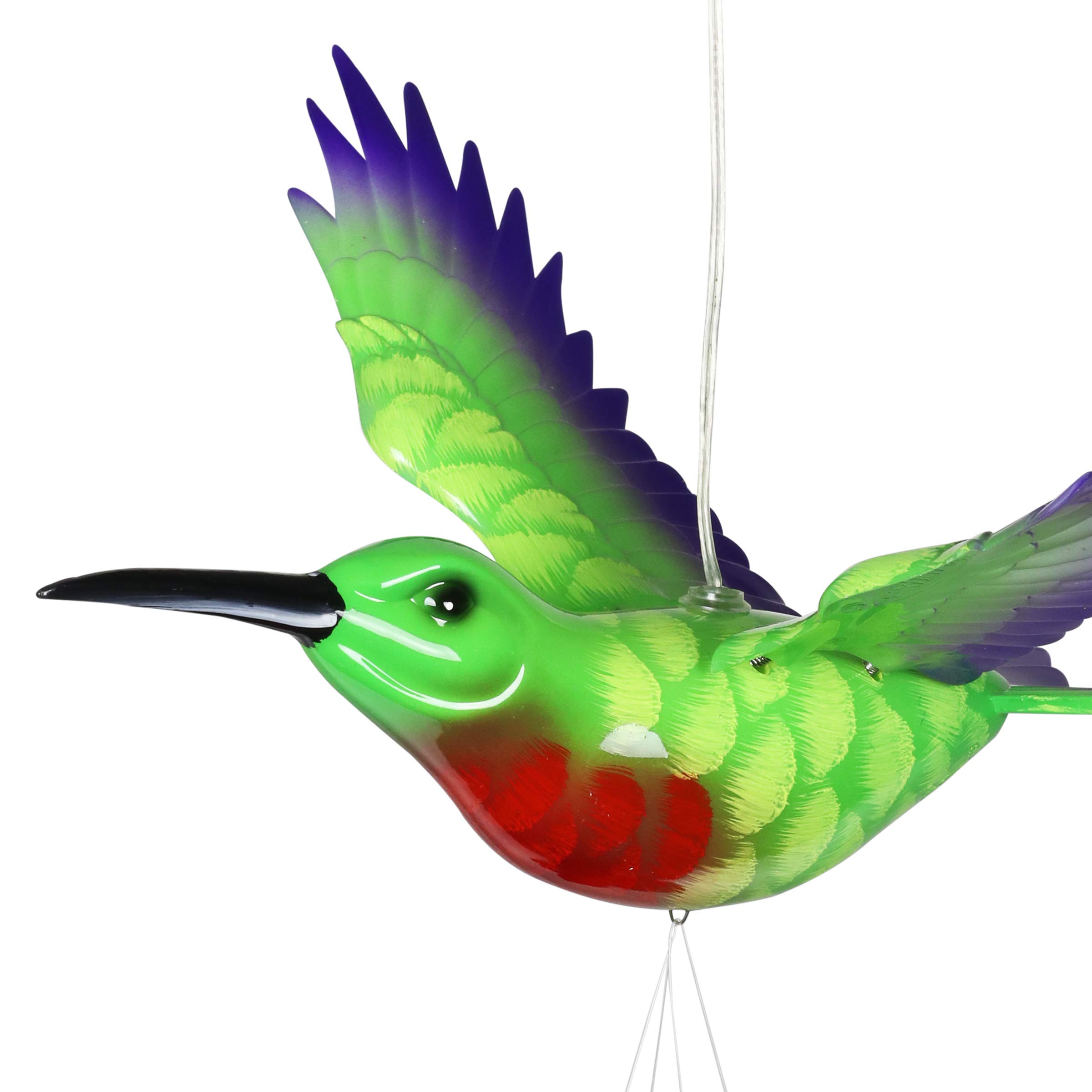 Solar-Powered Hummingbird Wind Chime with Fluttering Wings & 2 LED Lights - 13 x 11 x 43 Inch Outdoor Garden Decor for Patio, Yard, and Lawn - Exhart WindyWings Green Plastic Wind Chimes for Relaxing Ambience