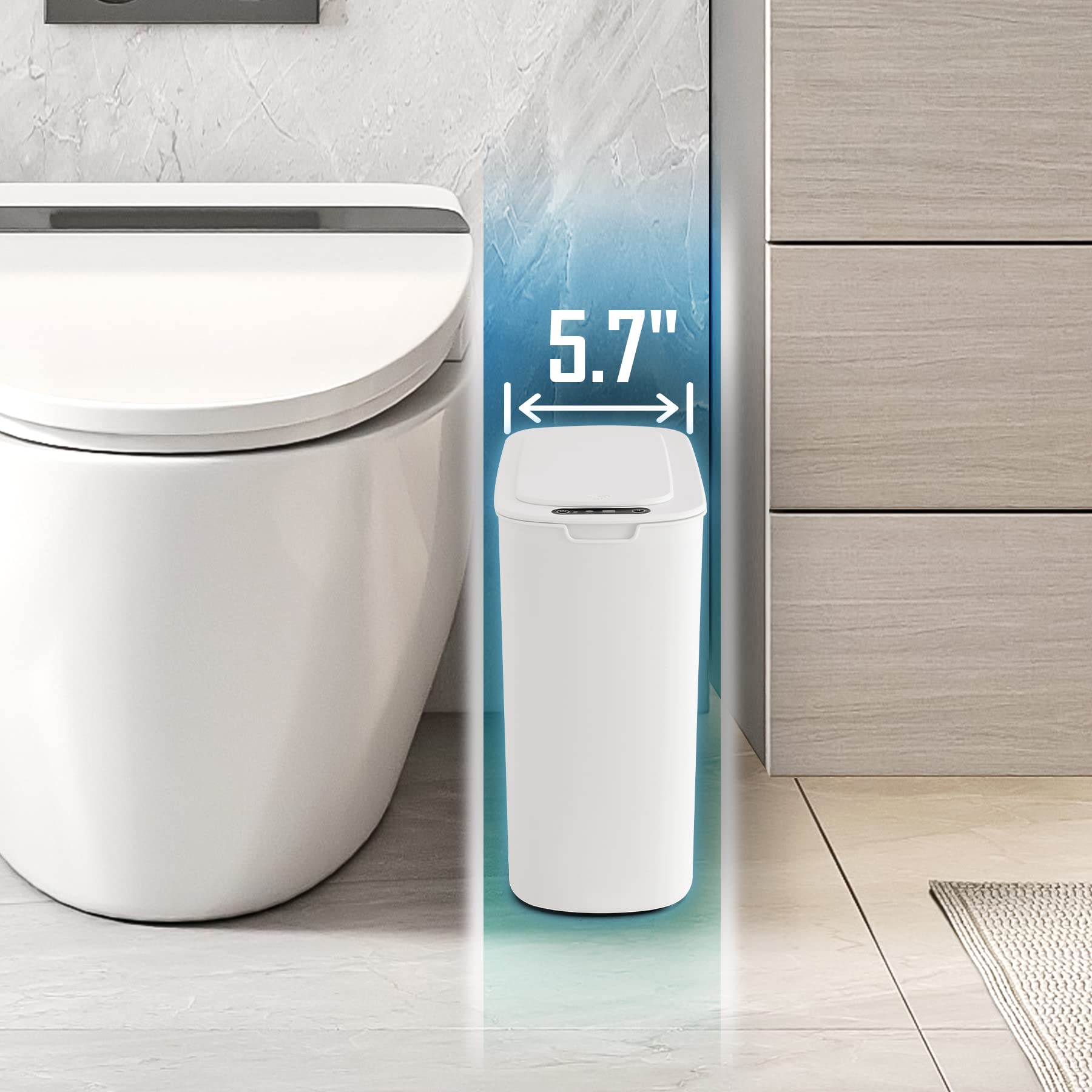 Automatic Motion Sensor Trash Can with Lid - 2.6 Gallon Touchless Garbage Bin, Smart Slim Plastic Waste Basket for Bathroom, Kitchen, Office, RV, Bedroom & Living Room - Hands-Free Convenience for Hygiene & Small Spaces