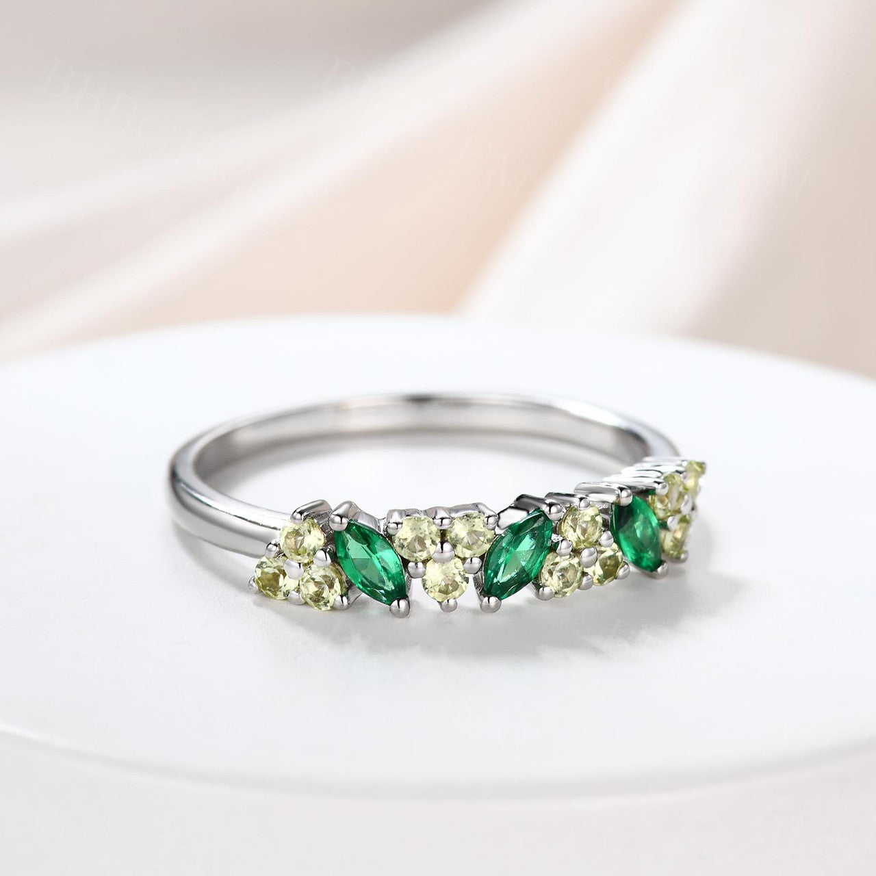 Stackable Marquise Emerald & Three Stone Peridot Wedding Ring - Promise Ring for Women, Dainty Everyday Band Jewelry (Perfect for Anniversaries, Engagements & Special Occasions)