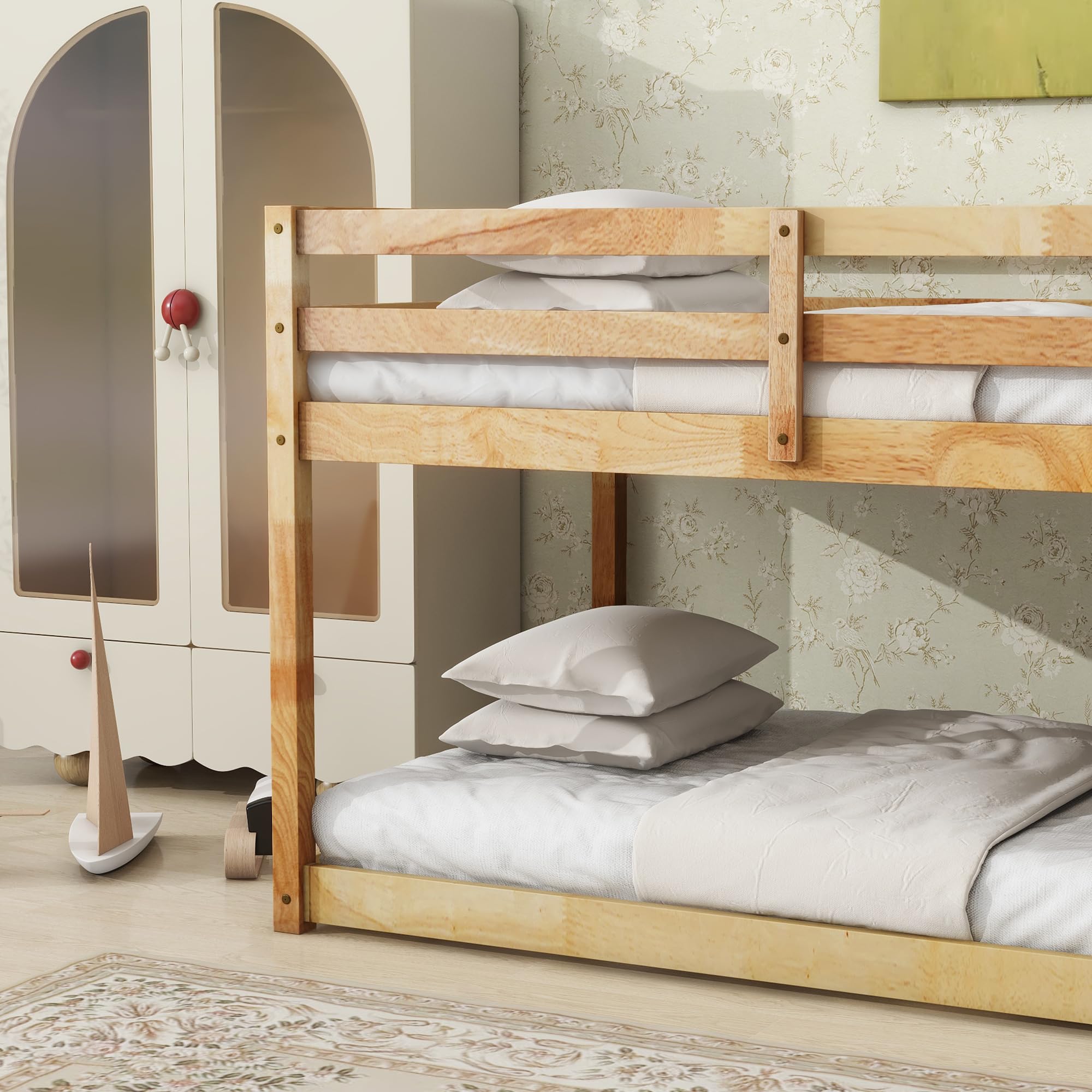 HomSof Twin Over Twin Floor Bunk Bed - Natural Wood Finish, Sturdy & Space-Saving Kids Bunk Bed for Small Rooms, Sleepovers & Shared Bedrooms