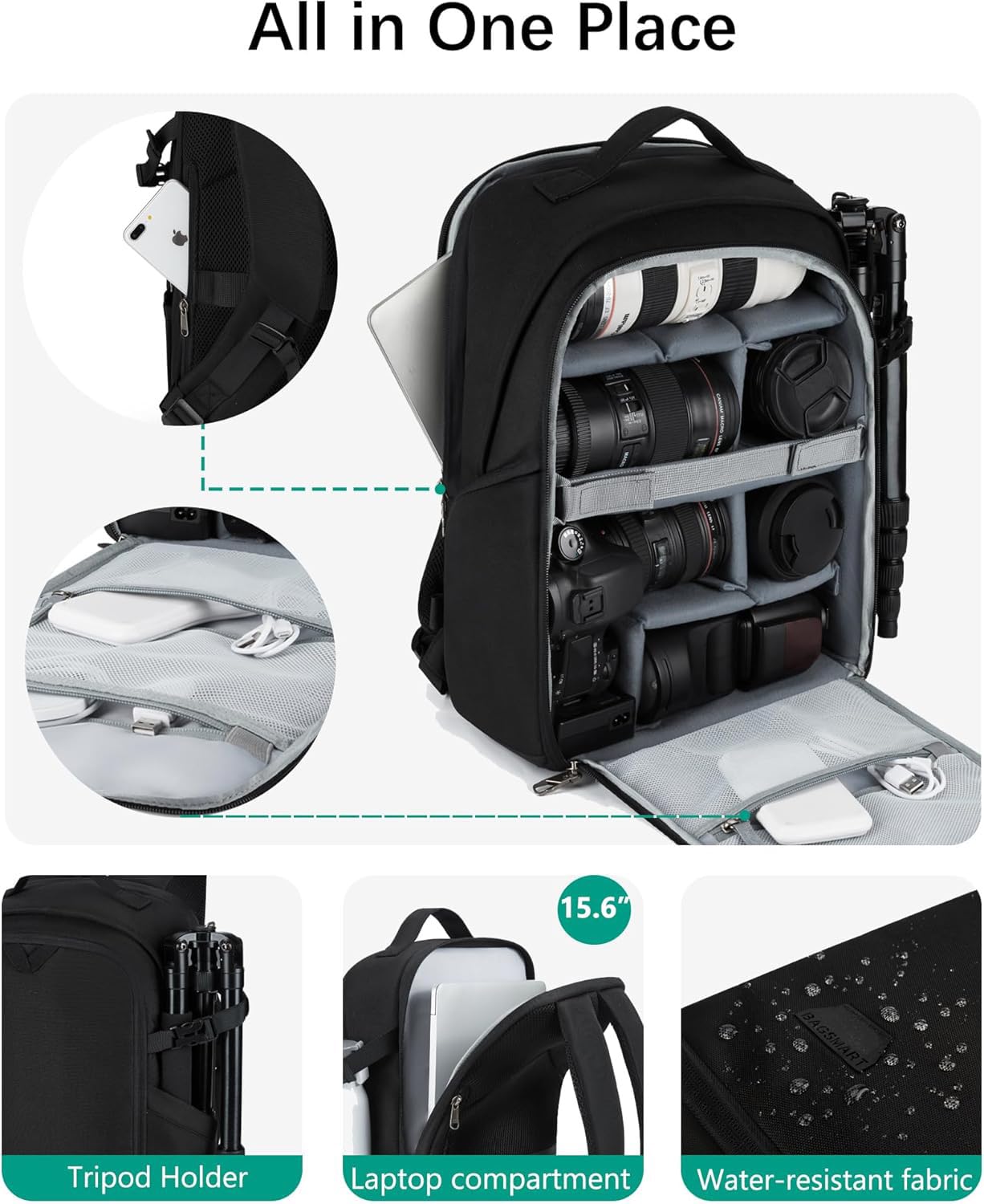 Bagsmart DSLR SLR Camera Backpack - Water Resistant with Rain Cover, Fits 15.6 Inch Laptop & Tripod Holder - Unisex Camera Bag for Photographers, Travel & Outdoor Shooting (Black)