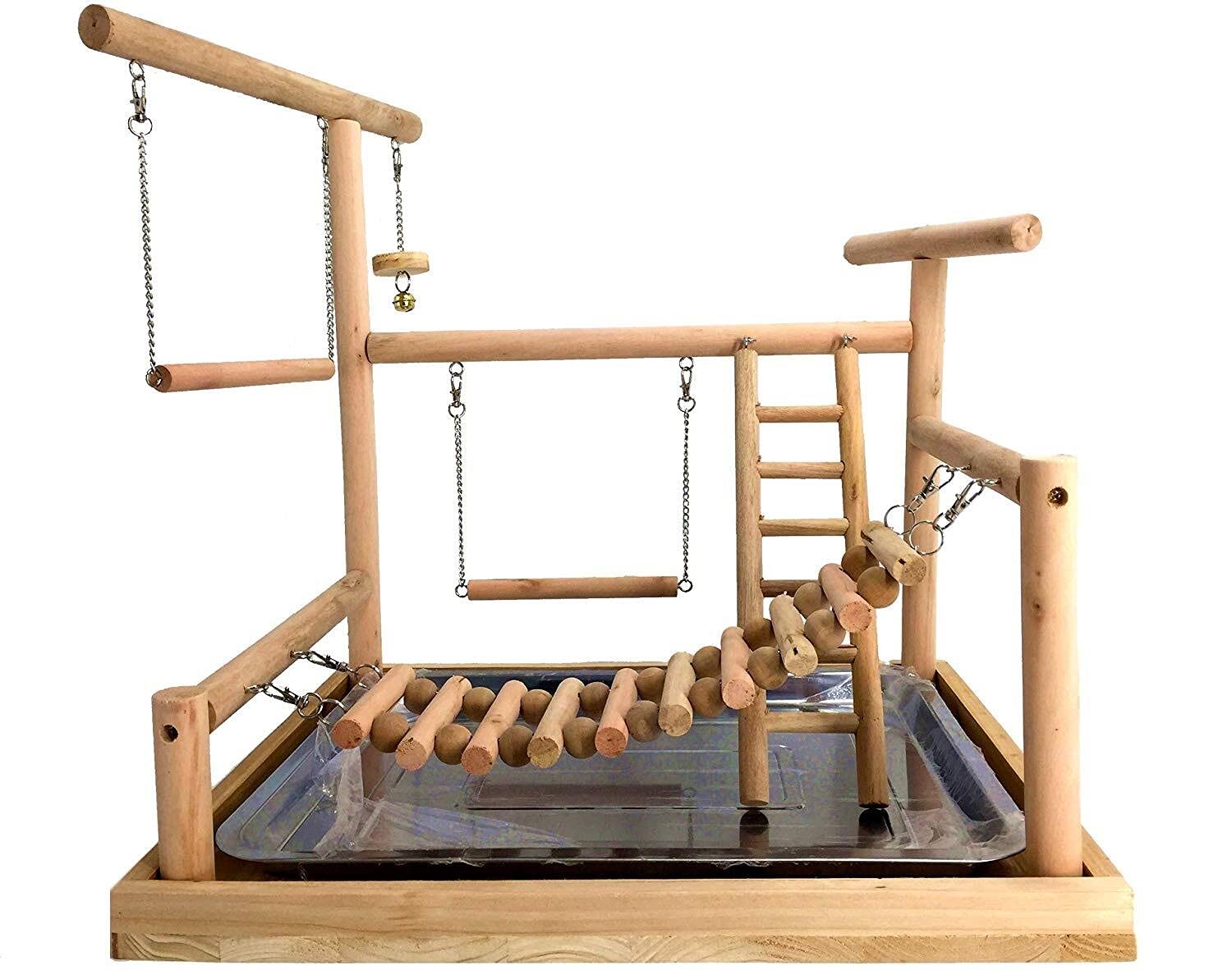 YZJC Wooden Parrot Playstand - Cockatiel Play Gym with Ladder, Feeder Cups & Toys for Exercise & Fun (Includes Tray) - Perfect for Bird Cages, Aviaries & Home Playtime