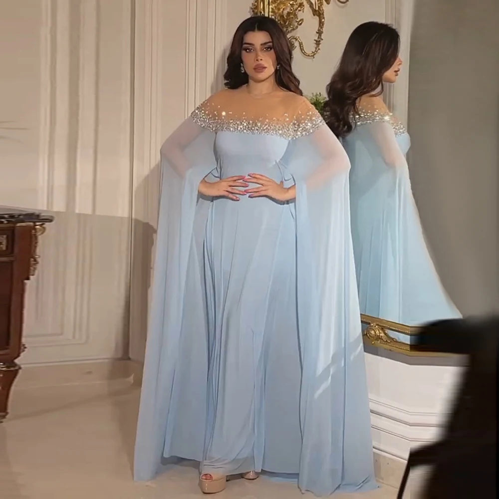 Elegant Dubai Arabic Crystal A-Line Baby Blue Evening Dress with Kaftan for Formal Occasions & Special Events - LA72766 | Perfect for Weddings, Galas, and Luxury Parties