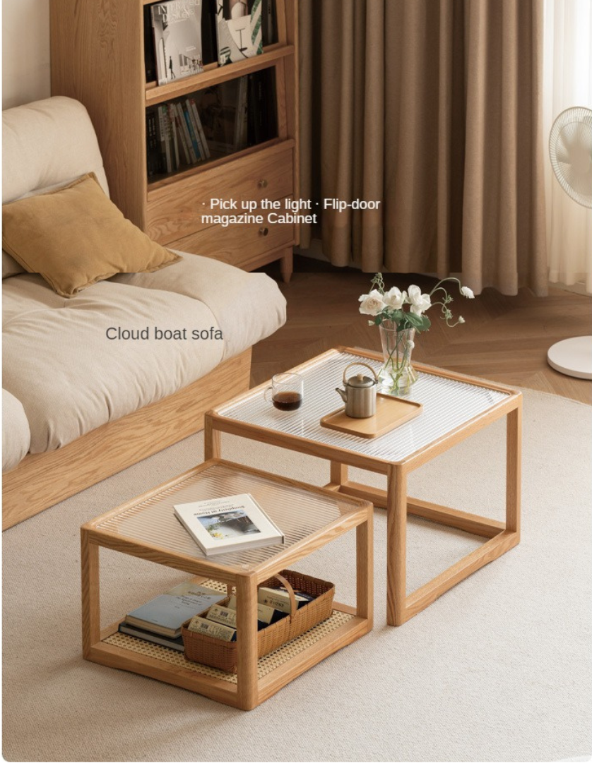 Solid Oak Wood Coffee Table with Glass Top and Rattan Shelf - Perfect for Living Room, Patio, or Outdoor Furniture Decor