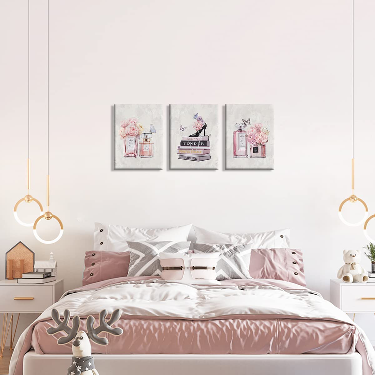WANBOYA 3-Piece Pink Flower Perfume & High Heel Canvas Wall Art Set - Modern Book-Inspired Prints for Girls Room, Women's Bedroom & Bathroom Decor - Ready to Hang 12x16 Inch - Perfect for Home, Office & Gift Giving