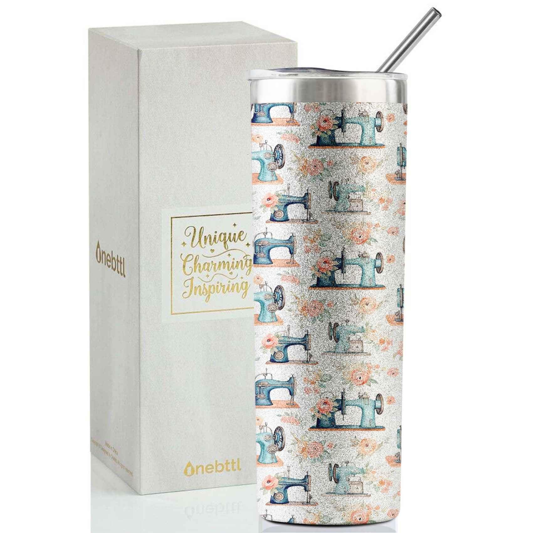 Onebttl 20oz Stainless Steel Insulated Travel Mug with Glitter - Funny Sewing Themed Gift for Women, Sewing Lovers, Knitters & Quilters - Perfect Birthday & Christmas Present for Seamstress - Great for Coffee, Tea & On-the-Go Drinks