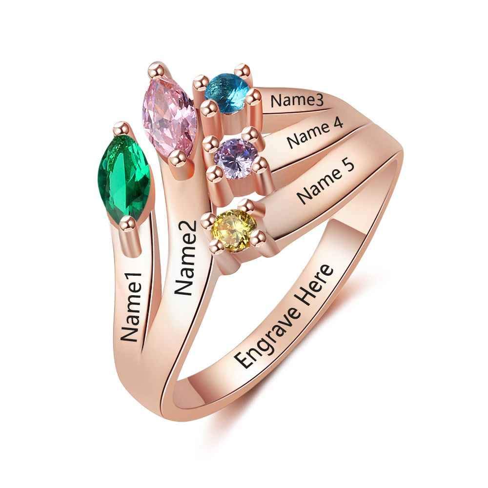 Personalized Mother's Ring with 5 Simulated Birthstones - Custom Family Jewelry for Women, Grandmother, Anniversary & Mother's Day Gift | Perfect for Special Occasions & Heartfelt Celebrations