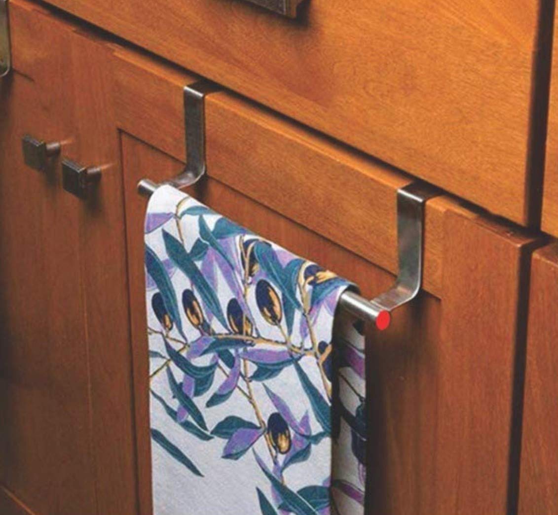 Stainless Steel Over The Door Kitchen Towel Holder - Cabinet & Drawer Storage Organizer for Bathroom, Pantry & Laundry Room (Space Saving Towel Rack for Home Organization)