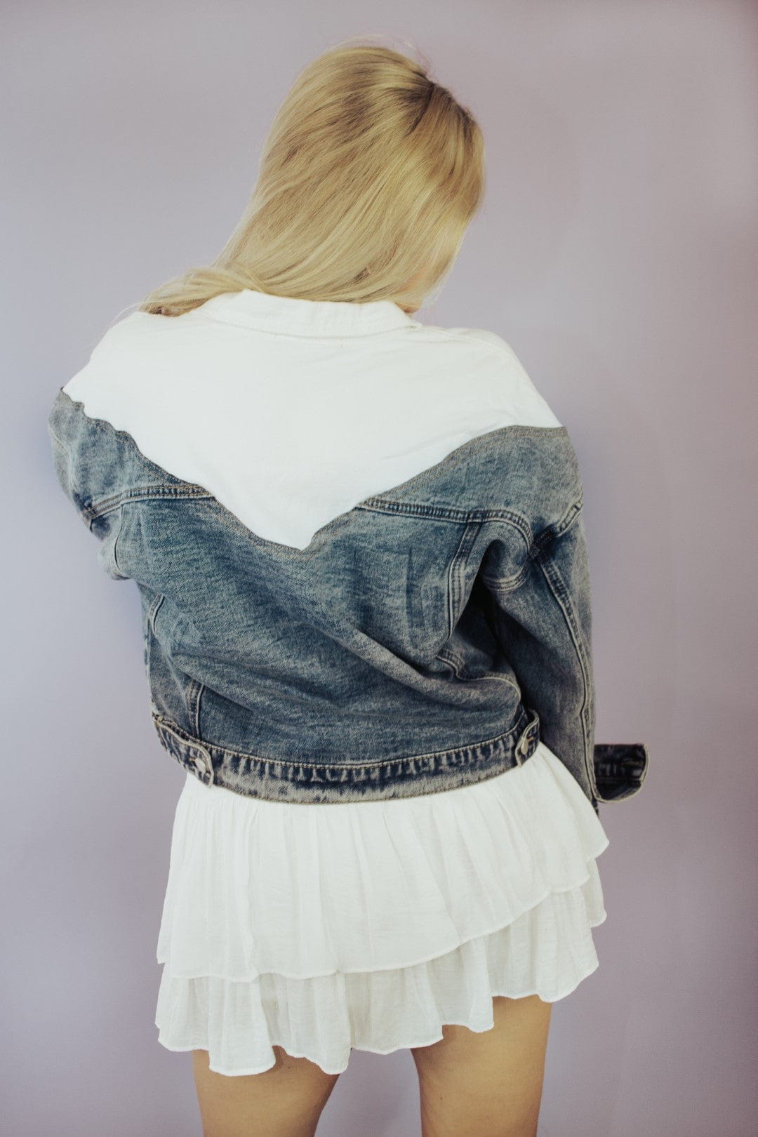 Stylish Medium Wash Colorblock Denim Jacket for Women | Trendy Distressed Denim Coat with Button Front | Perfect for Casual Outings, Streetwear & Fall Layering