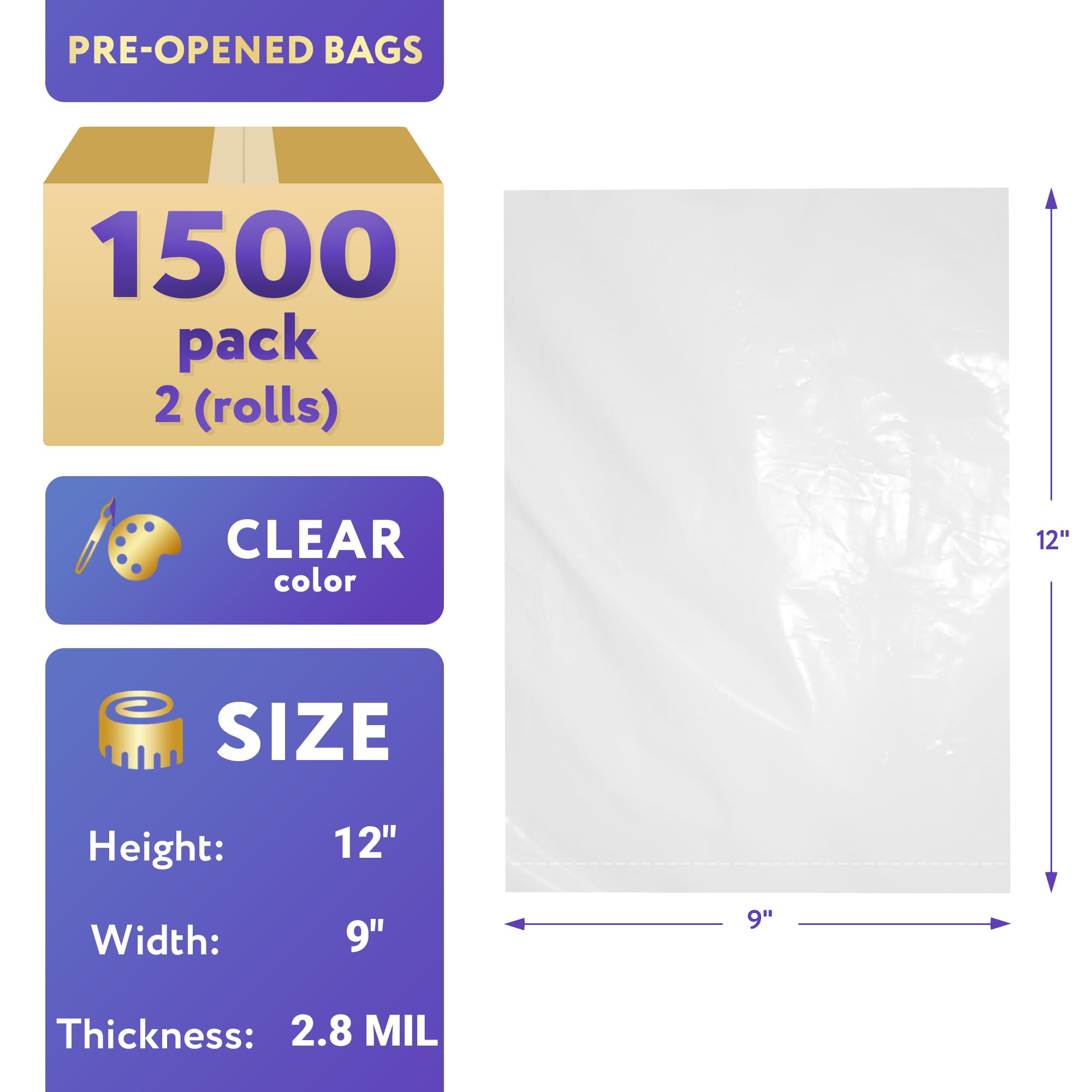 APQ 2 Rolls, 1500 Pre-Opened Heavy Duty Poly Bags 9x12 Inches - 2.80 Mil Thickness Clear Plastic Bags for Packing, Storage, Shipping & Food Service - Ideal for Retail, Warehouse & Industrial Use