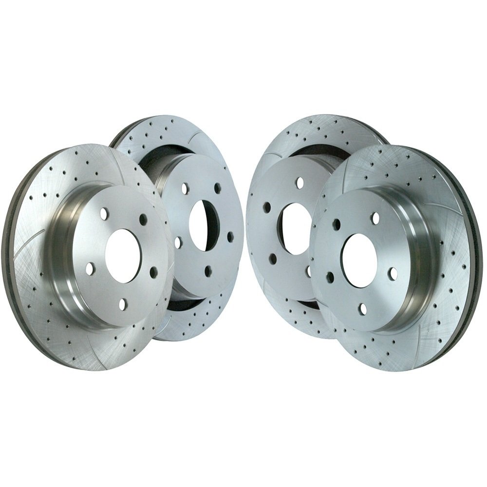 AutoShack Silver Drilled & Slotted Brake Rotors Set of 4 - Front & Rear Replacement for 2002-2018 Ram 1500, 2019-2023 Classic Ram 1500, 2004-2009 Dodge Durango, 2007-2009 Chrysler Aspen (BRKPKG039071) | High-Performance Braking for Trucks & SUVs | Ideal for Daily Commuting, Towing & Off-Road Adventures
