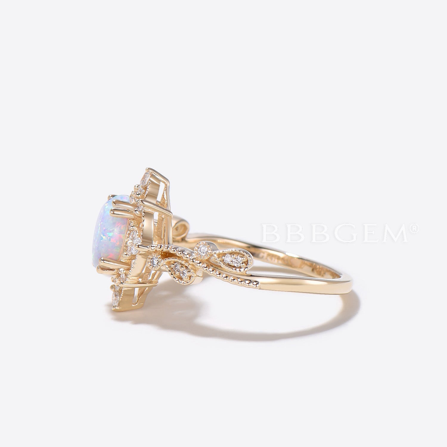 14K Yellow Gold White Opal Engagement Ring with Diamond Accents - Filigree Milgrain Wedding Band for Women, Bridal Jewelry Gift for Her | Perfect for Proposals, Anniversaries & Special Occasions