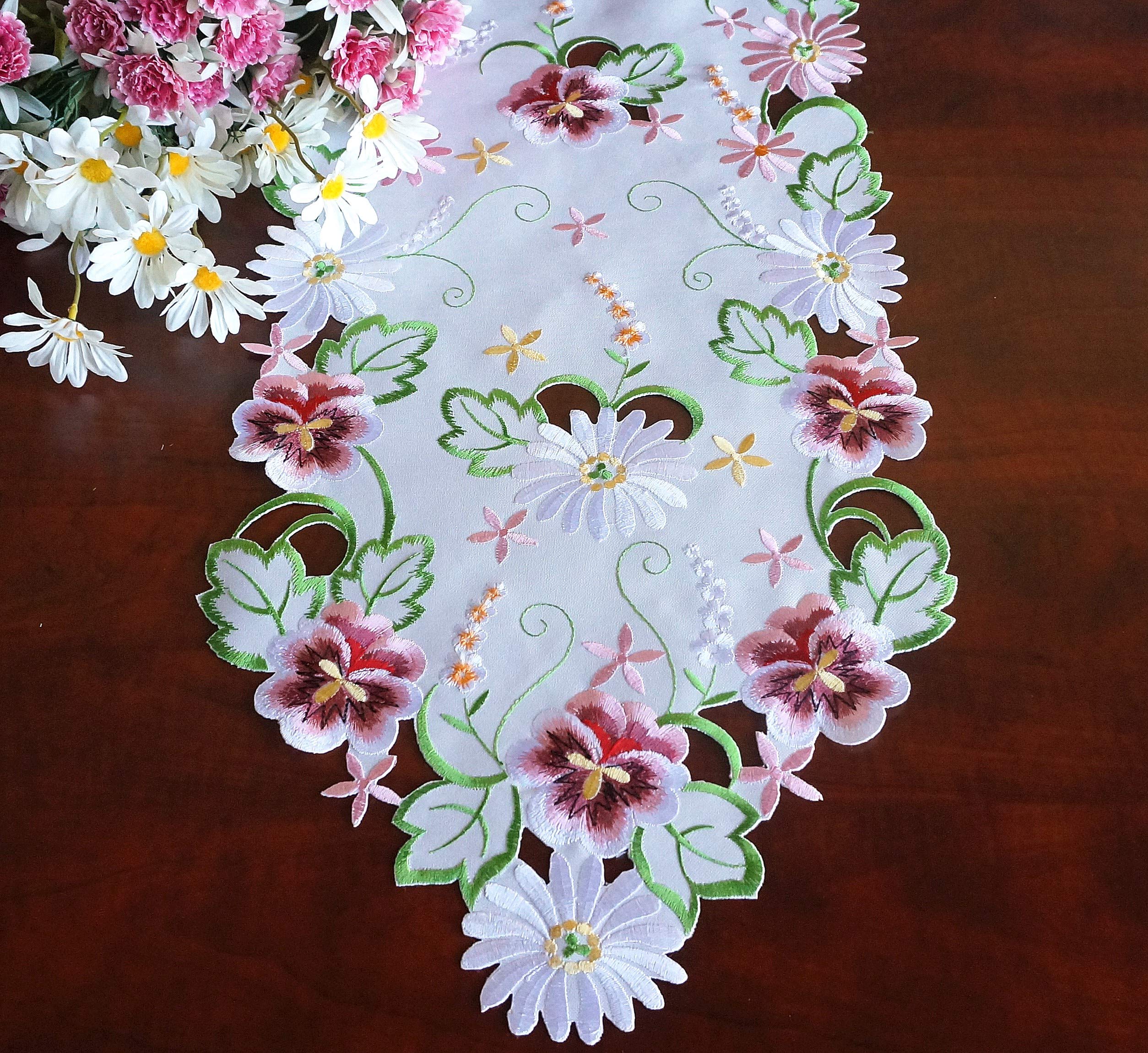 13×54 Inch White Embroidered Cutwork Floral Table Runner - Spring Flower Design for Dining Room, Kitchen, Dresser & Easter Decor - Elegant Home Tabletop Decoration
