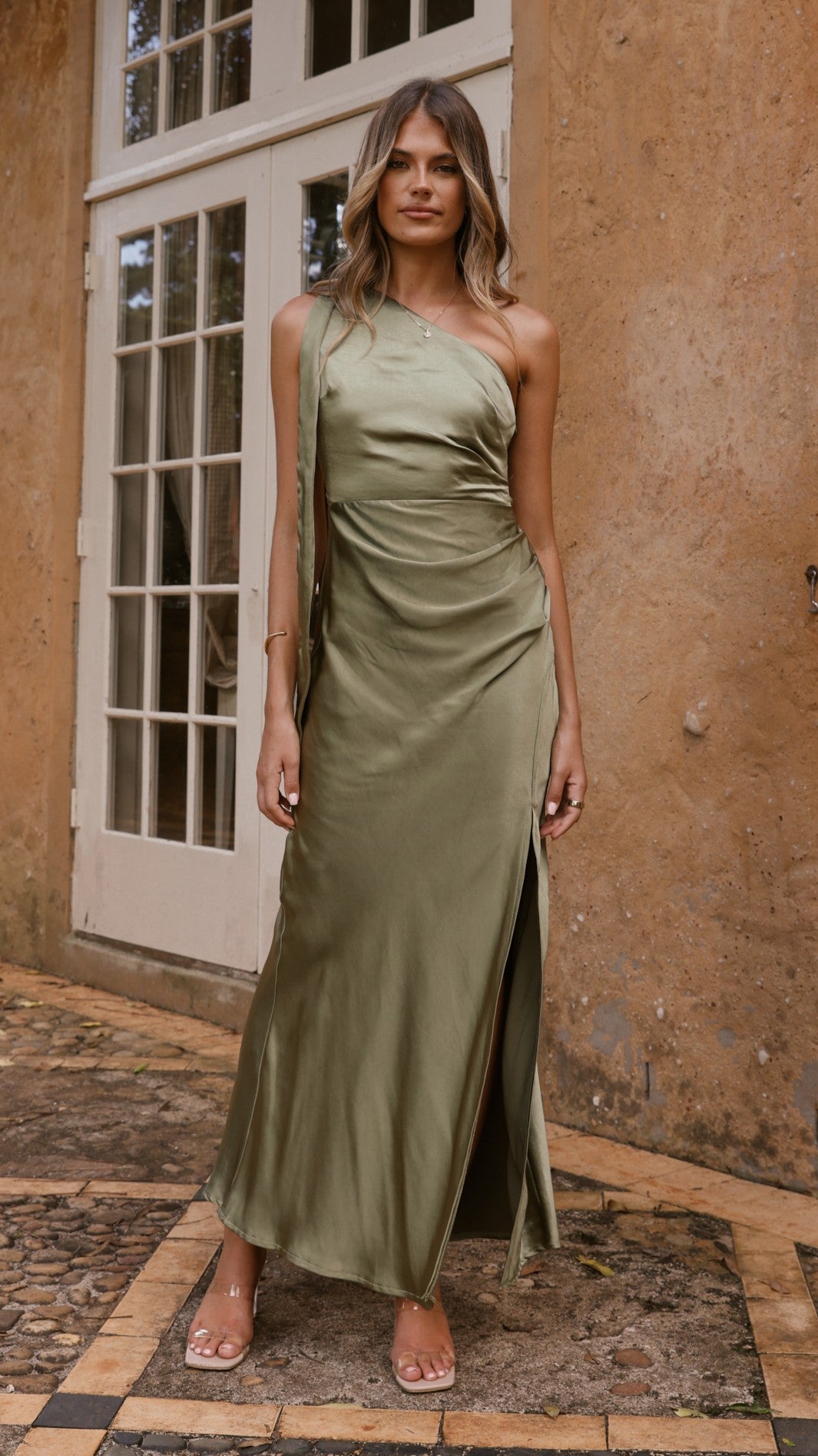 Elegant One Shoulder Long Maxi Dress for Women - Olive Green, Flowy Summer Beach Dress for Vacation, Party, and Evening Wear