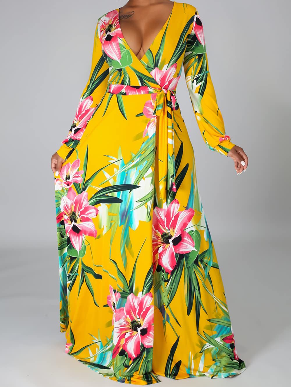 JTNFairy Women's Casual Floral Print Long Maxi Dress - Plus Size Summer Beach Dress, Boho Party Outfit for Vacation, Wedding Guest & Date Night