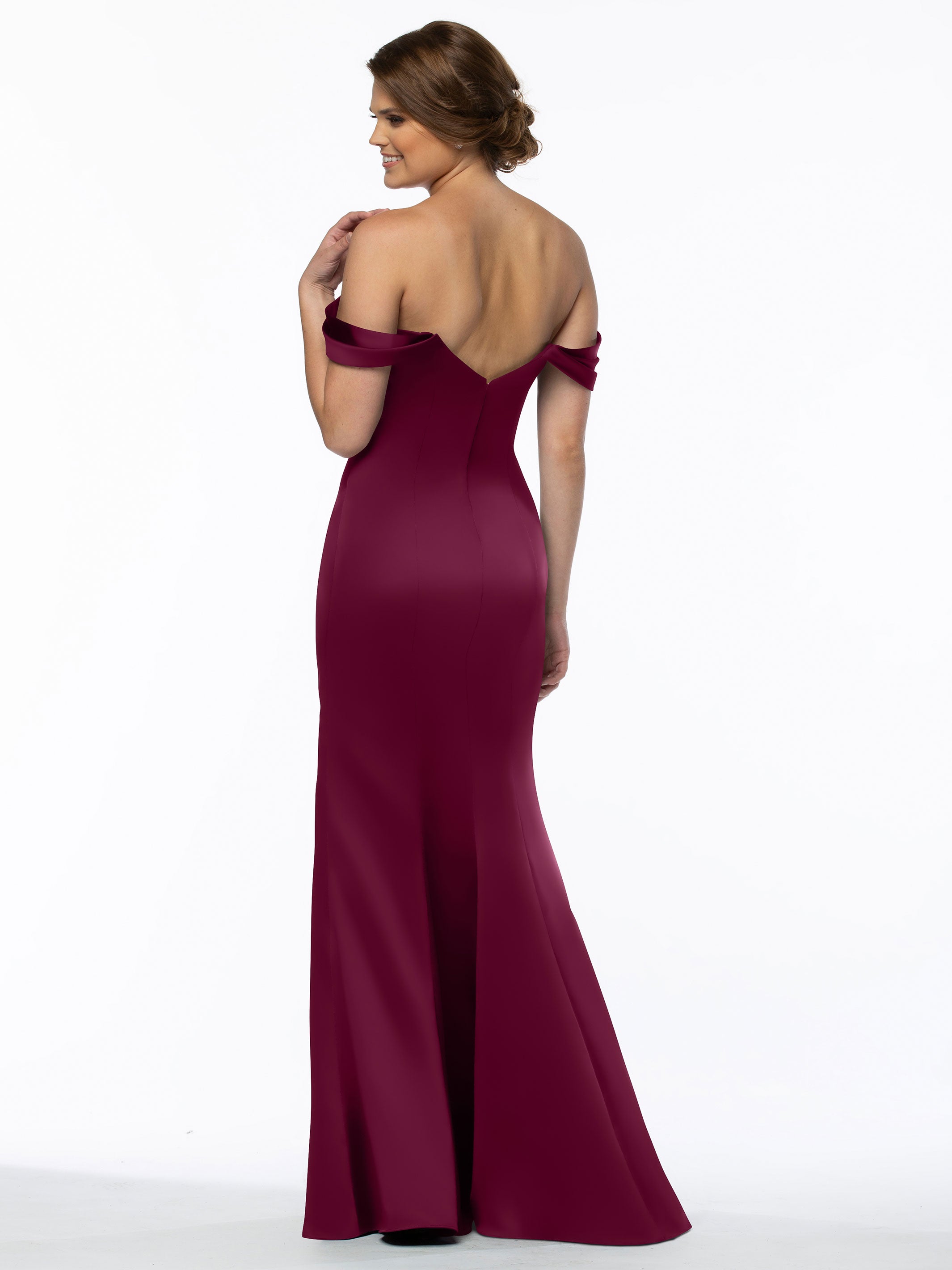 Elegant 80151 Fitted Satin Bridesmaid Dress with Off-The-Shoulder Sleeves - Perfect for Weddings, Formal Events & Special Occasions