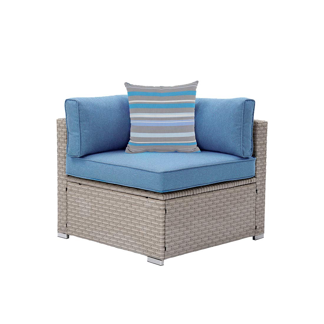 Premium Outdoor Furniture Left Corner Chair for Expandable Wicker Sectional Sofa Set with Denim Blue Thick Cushions & Striped Woven Pillow - Perfect for Garden, Poolside, Backyard, and Patio Relaxation