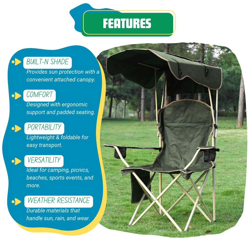 EZONE Folding Canopy Camp Chair - Portable Outdoor Shade Chair for Camping, Beach, Pool, Tailgating & Travel - UPGRADED Sunshade Lawn Chair with Adjustable Canopy (Olive Green) - Perfect for Picnics, Backyard Relaxation & Outdoor Adventures