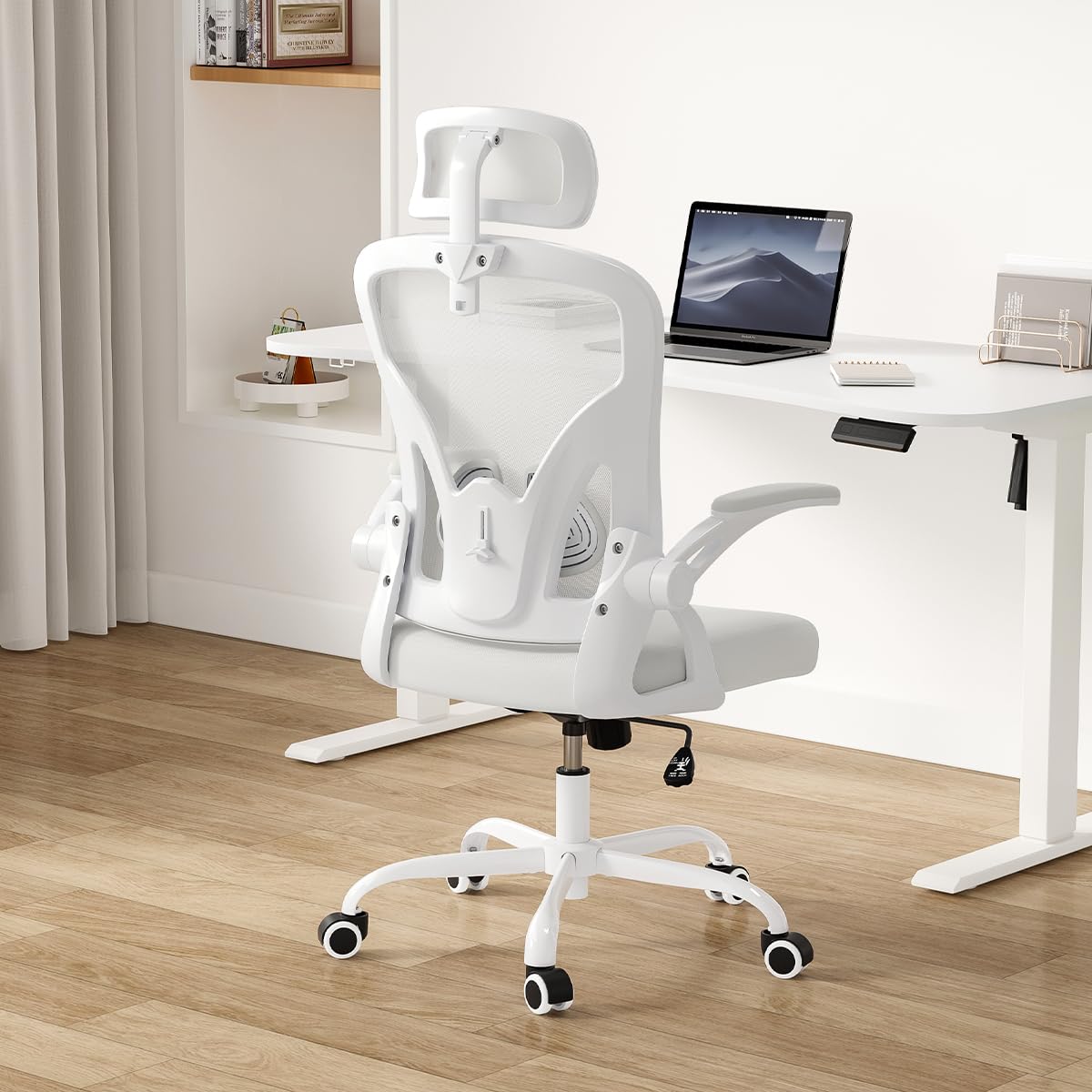Farini Ergonomic Office Chair with Headrest - High Back Computer Desk Chair with Adjustable Lumbar Support & Flip-Up Armrests for Home Office, Study Room - All-White | Perfect for Long Work Hours, Gaming & Remote Work