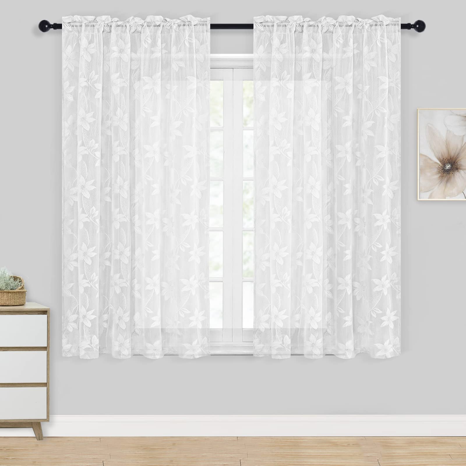 DWCN White Floral Lace Sheer Curtains - 52x45 Inch Rod Pocket Voile Window Drapes, Set of 2 Panels for Bedroom, Kitchen & Living Room - Light Filtering Romantic Home Decor