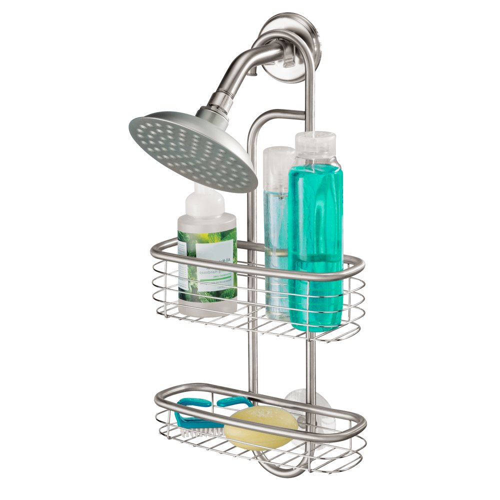 InterDesign iDesign Hanging Shower Caddy - Small Stainless Steel Shower Organizer for Shampoo, Conditioner & Body Wash - Compact Bathroom Storage with 2 Trays - Perfect for Small Showers & Apartment Bathrooms (Silver)
