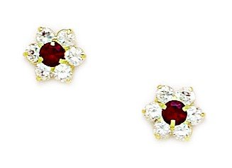 14K Yellow Gold January Birthstone Red CZ Floral Screw Back Earrings for Women - 7x8mm Elegant Jewelry Gift for Birthday, Anniversary & Special Occasions