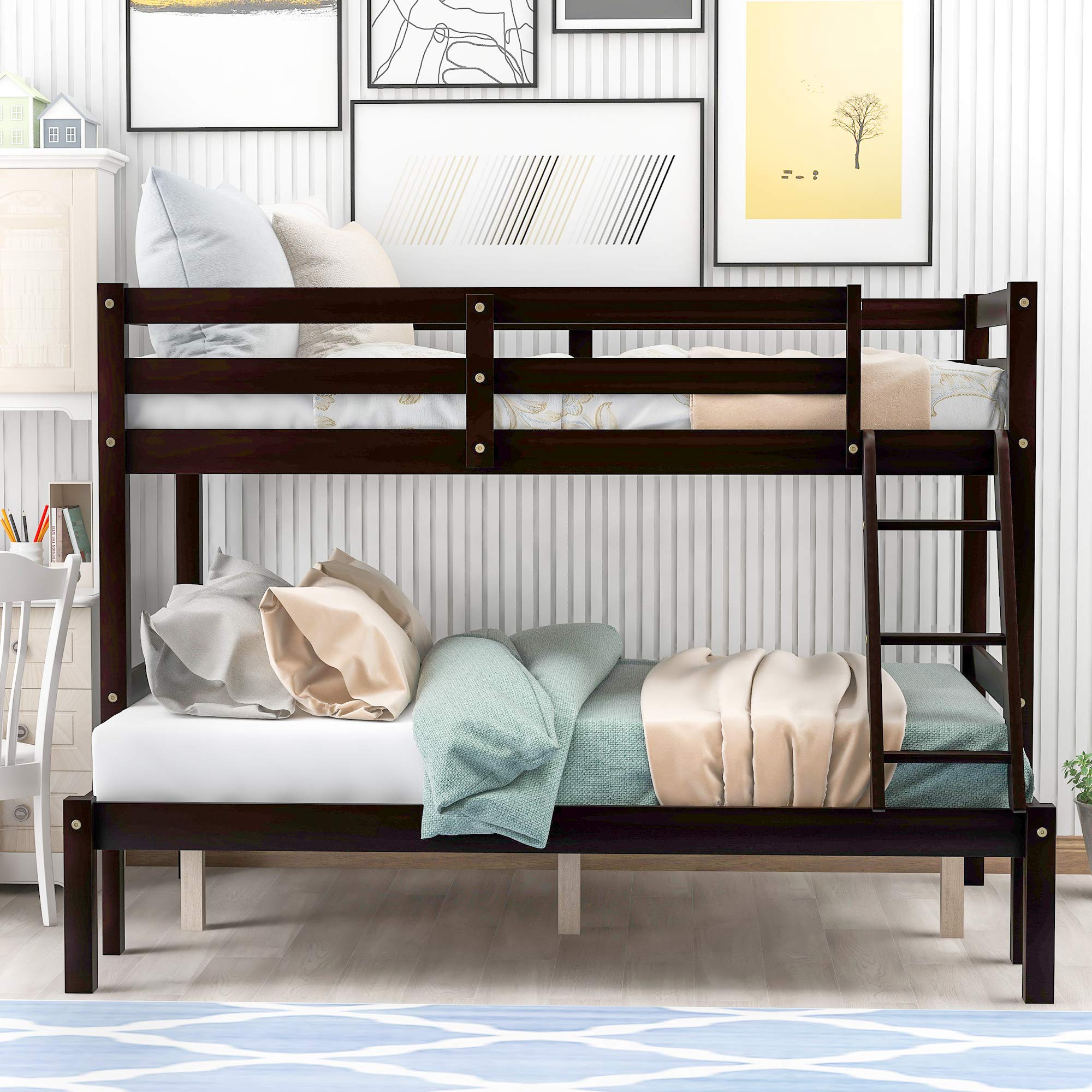 Twin Over Full Bunk Bed with Guardrail & Ladder - Solid Wood Convertible Bunk Bed for Kids & Teens | Separates into Twin Loft Bed & Full Size Bed | Wood Slat Support (No Box Spring Needed) | Espresso Finish | Perfect for Small Bedrooms, Guest Rooms & Vacation Homes