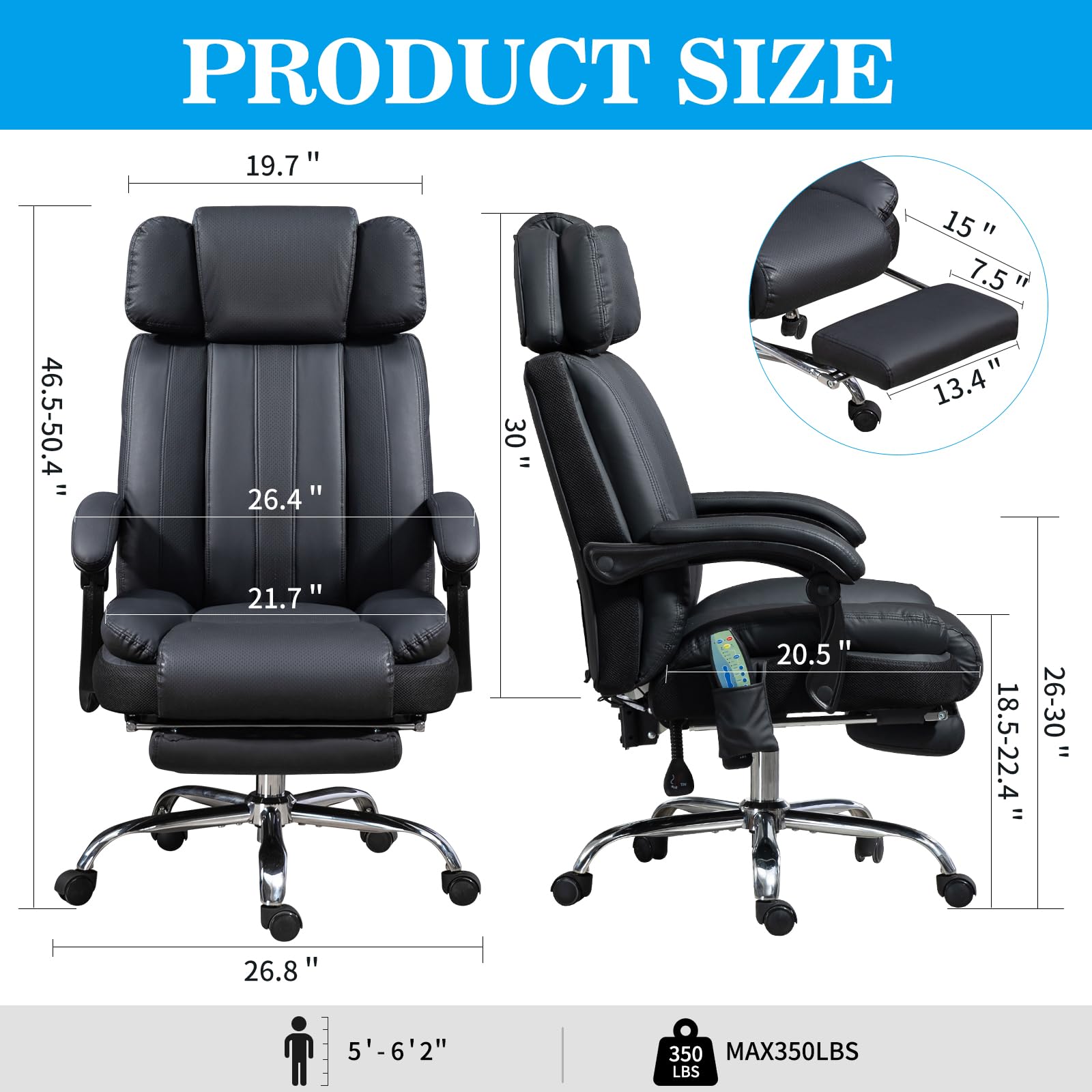 Ergonomic Massage Office Chair with Heat & 8 Vibration Points - Big & Tall Executive Chair with Adjustable Headrest, Extra Wide Seat, Footrest & Padded Armrests - Perfect for Home Office, Gaming & Workspaces