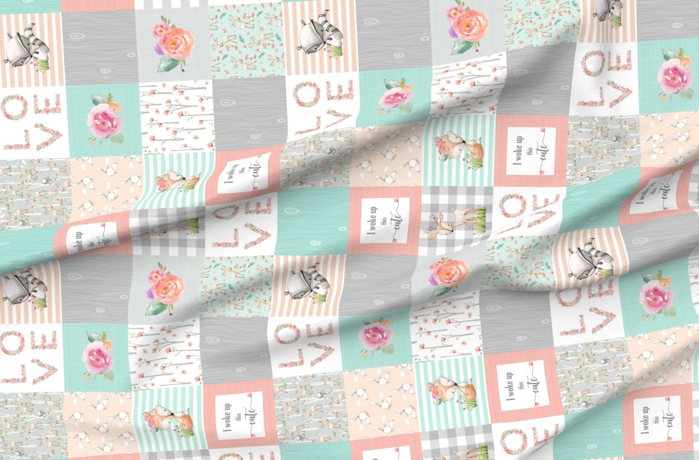 Woodland Animals Printed Minky Fabric by The Yard - Deer Fox Raccoon Patchwork Quilt Top for Baby Blankets & Sewing Projects - Soft Plush Backing for DIY Quilting, Nursery Decor & Cozy Home Textiles
