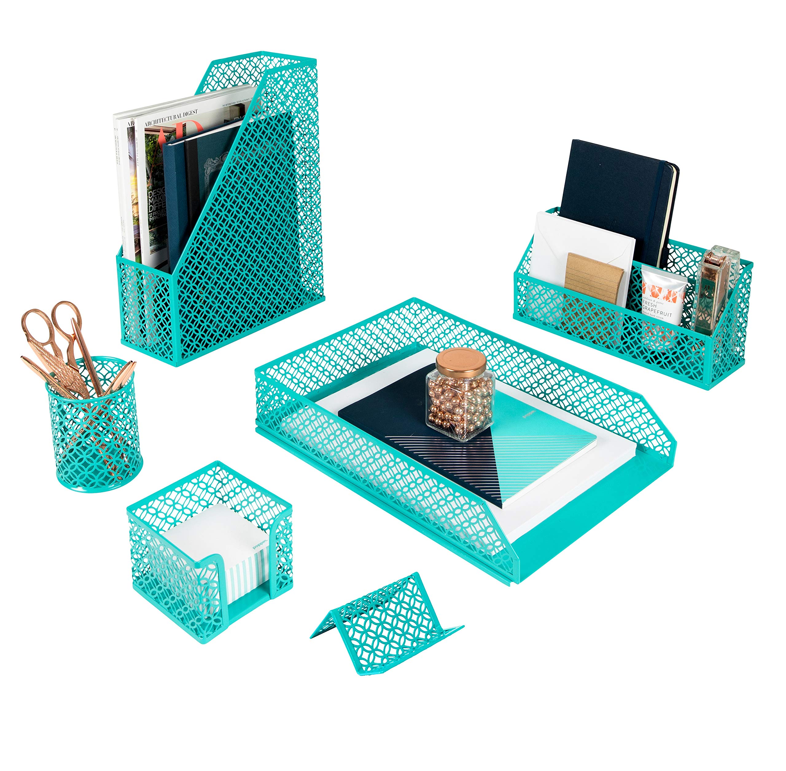 BLU MONACO Dark Teal 6-Piece Desk Organizer Set - Stylish Office Accessories for Mail, Sticky Notes, Pens, Magazines & Documents | Perfect for Home Office, Study Desk & Workspace Organization