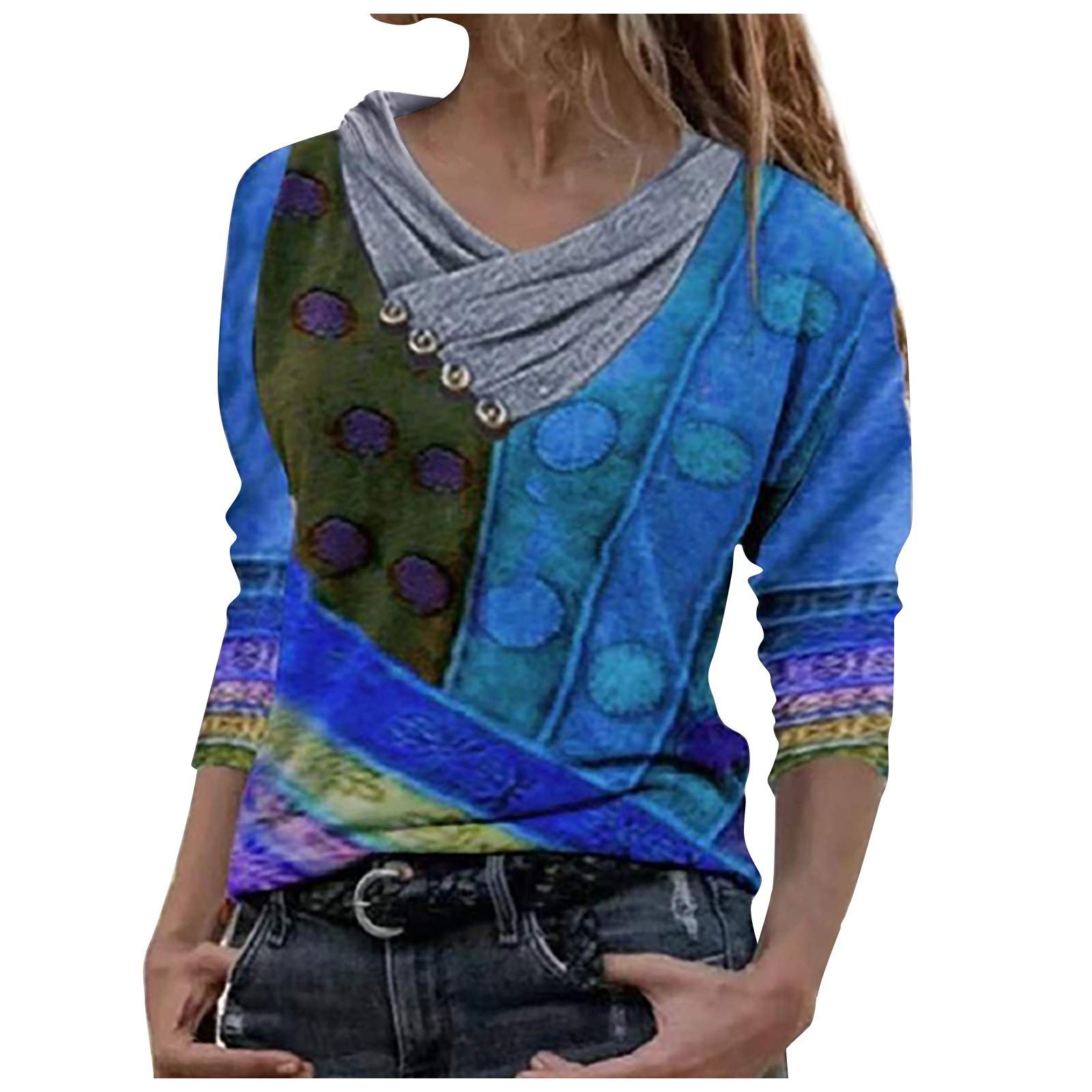 ZEFOTIM Women's Loose Fit Tie Dye Print Long Sleeve Tunic Top with Embroidery Collar - Trendy Spring Casual Shirt for Work, Travel & Everyday Wear