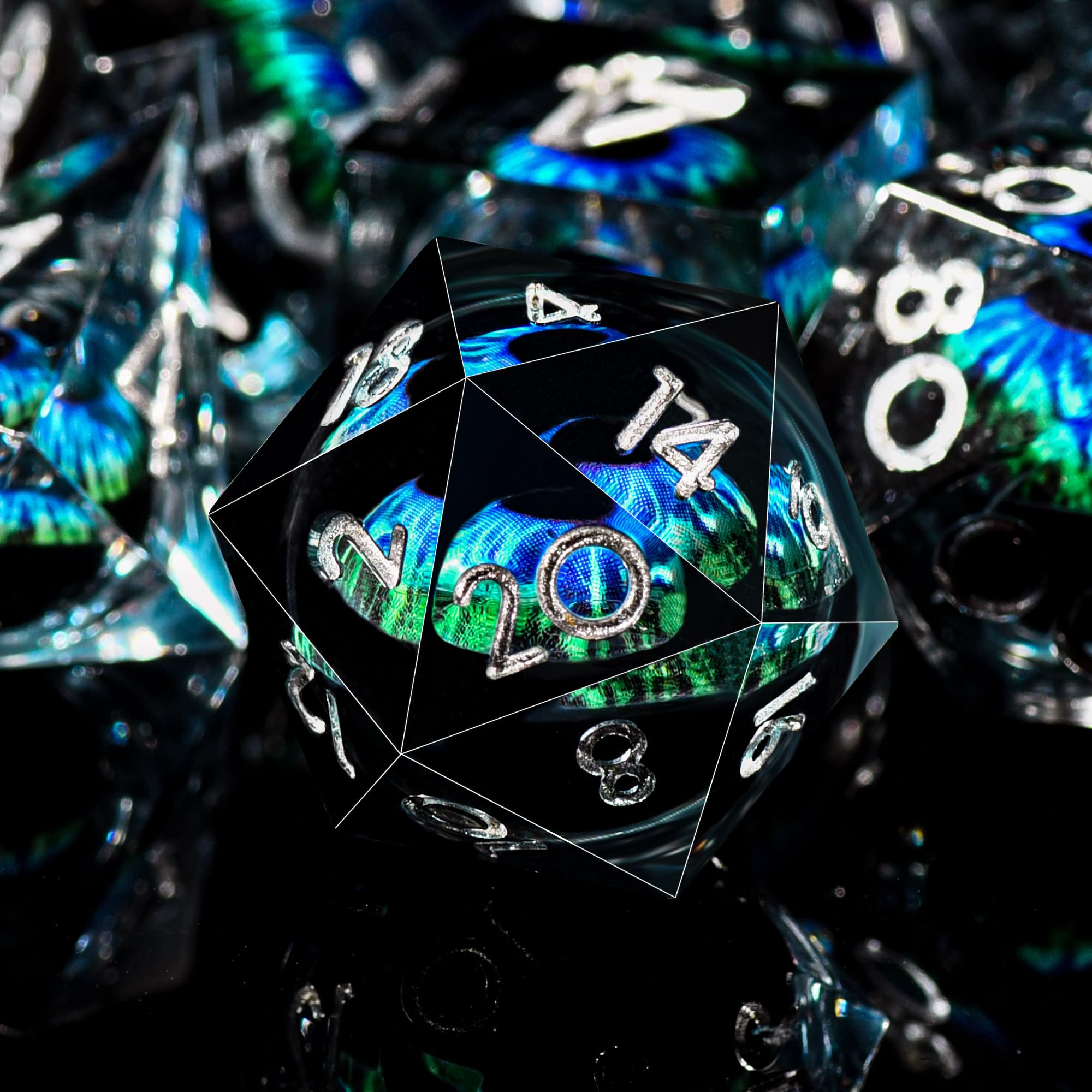 AUSTOR Dragon Eye DND Dice Set - 7-Piece Liquid Core Blue & Green Sharp Edge Resin Dice for Dungeons & Dragons, D&D, RPG Games - Includes D20, D12, D10, D8, D6, D4 with Storage Box - Perfect for Tabletop Gaming, Role-Playing Adventures & Collectors
