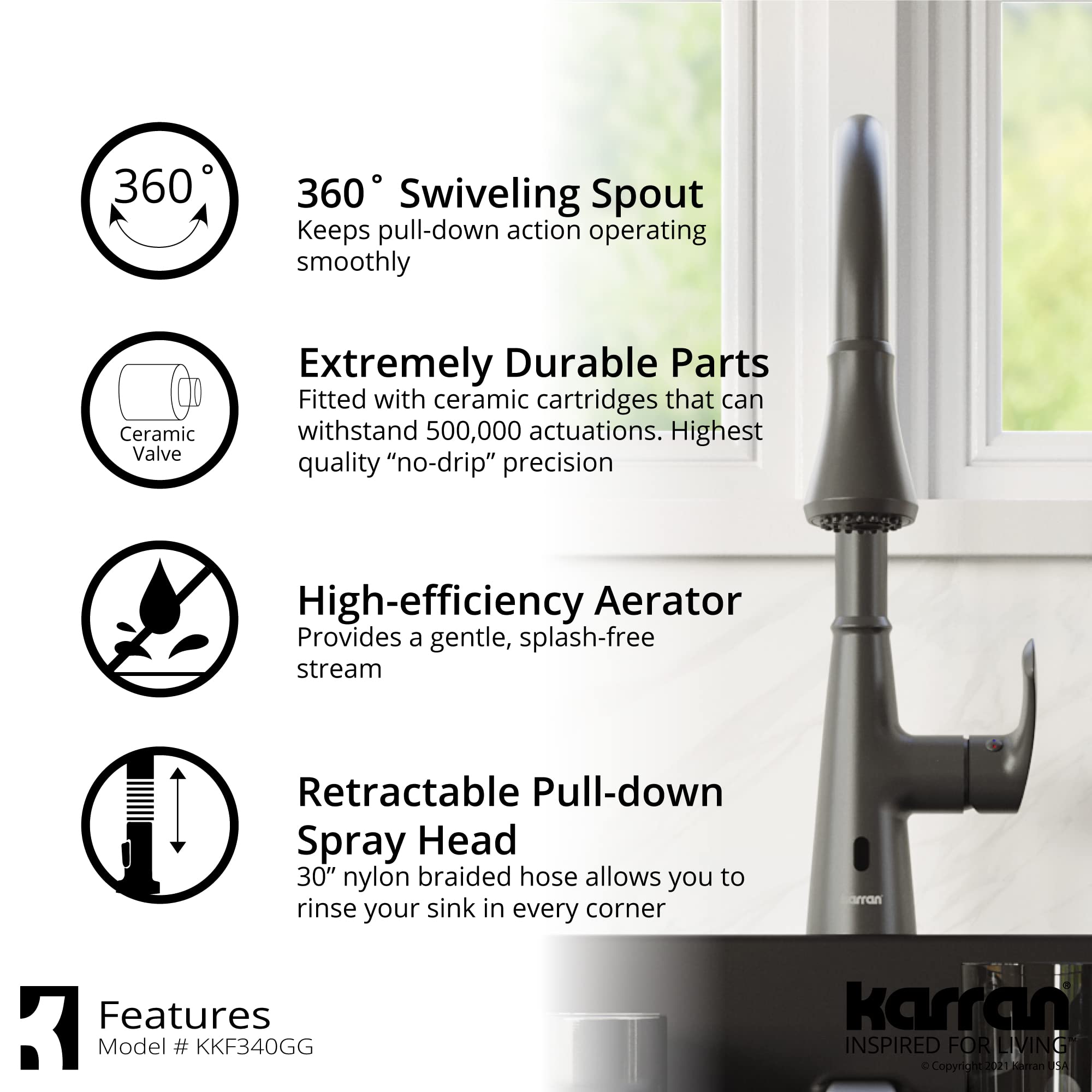 Karran Kadoma Touchless One-Handle Dual Function Pull Down Kitchen Faucet in Gunmetal Grey - Modern Hands-Free Sink Faucet for Easy Cooking and Cleaning