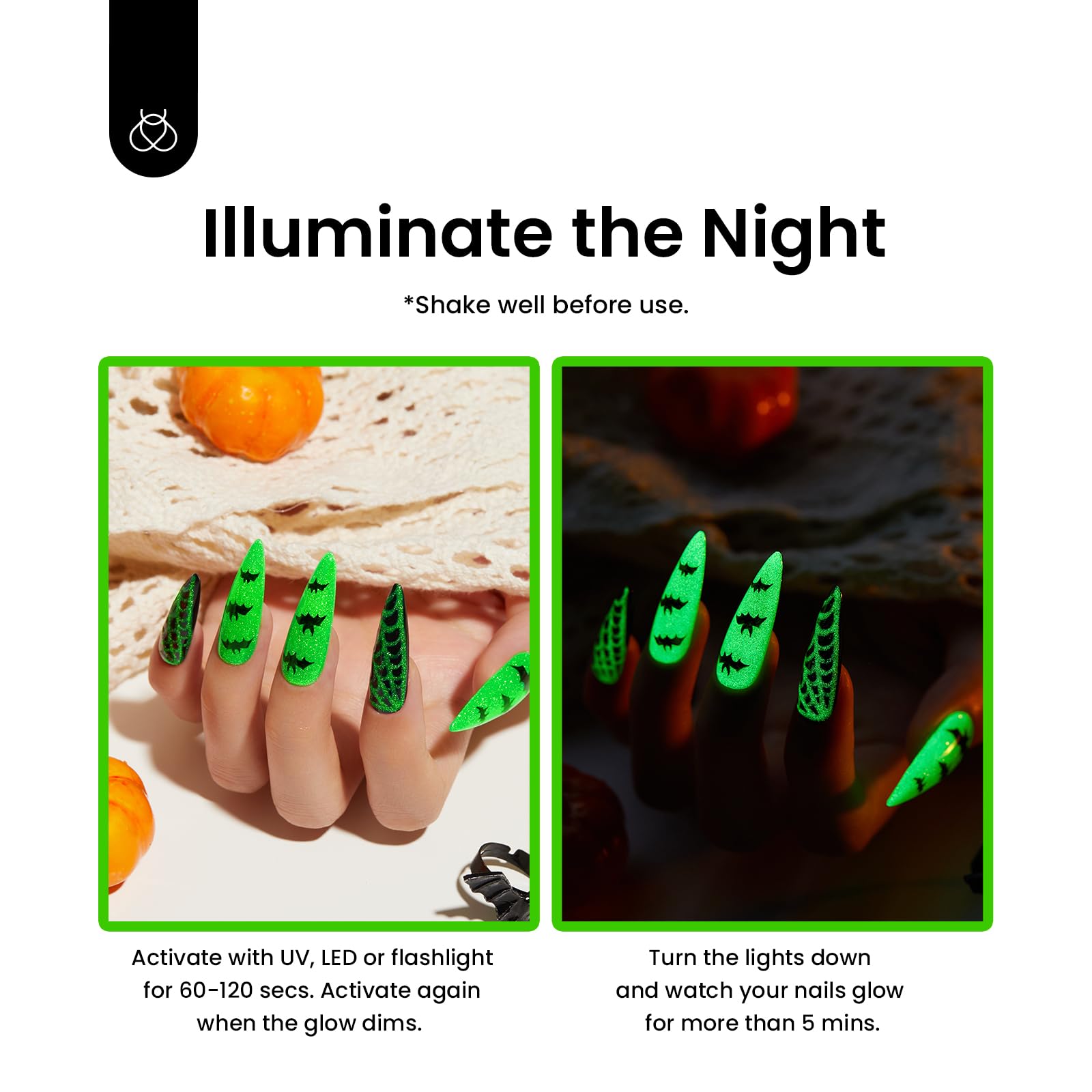 Beetles 15ml Glitter Green Glow in Dark UV LED Gel Polish - Soak Off Nail Art Gel for Halloween & Party Nights (Long Lasting, Salon Quality)