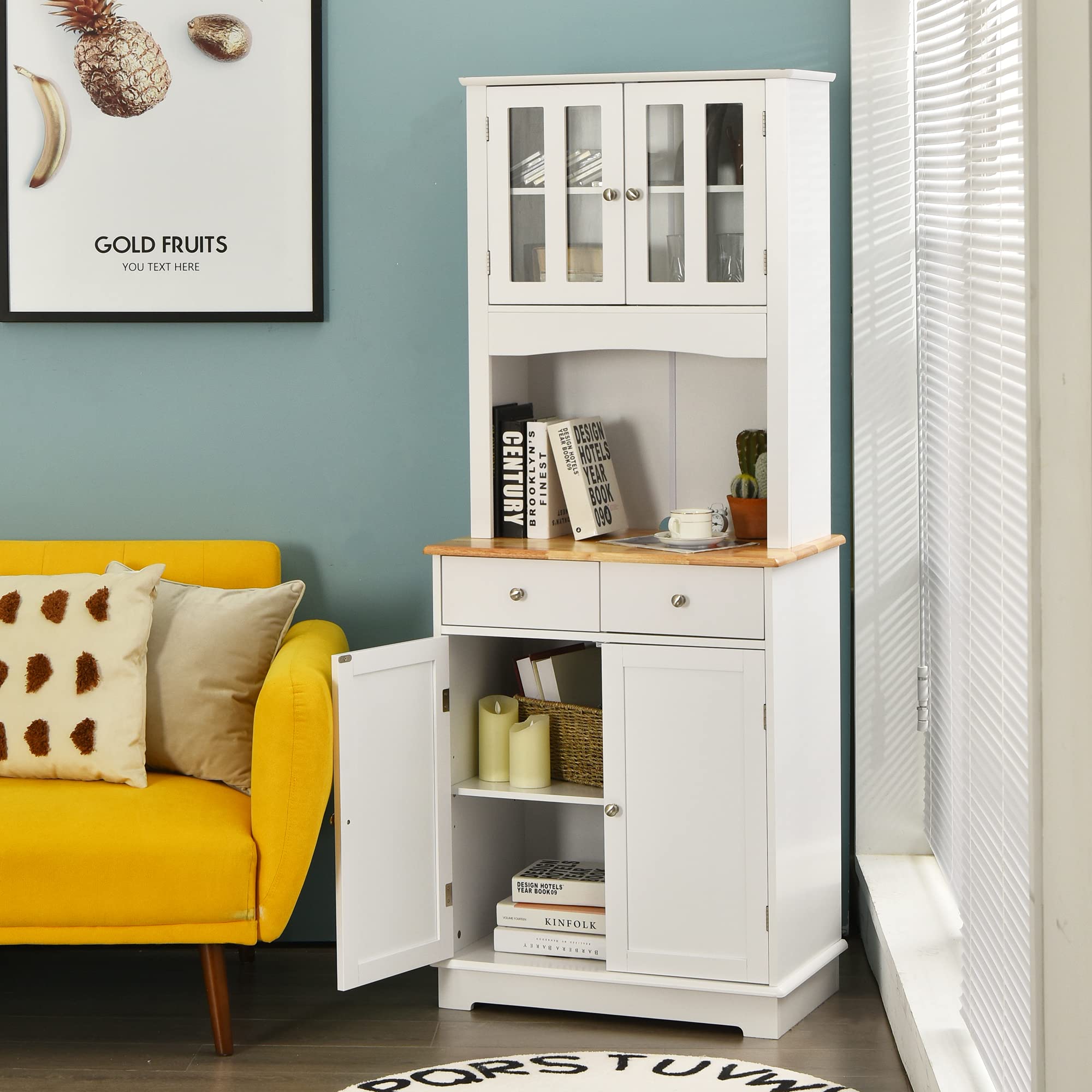 LOKO White Kitchen Hutch Cabinet with Framed Tempered Glass Doors - 27 x 16 x 67 Inches Kitchen Pantry Storage with Adjustable Shelves, Flat Countertop & 2 Drawers - Perfect for Small Kitchens, Dining Rooms & Apartment Storage Solutions