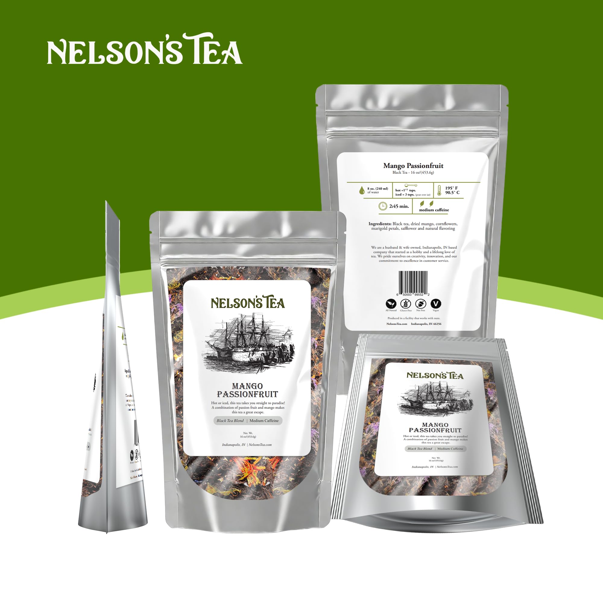 Nelson's Tea Mango Passionfruit Black Loose Leaf Tea - Premium Blend with Dried Mango, Cornflowers & Natural Flavors - 16 oz Fruit Tea for Iced Tea, Hot Brew & Gift Giving