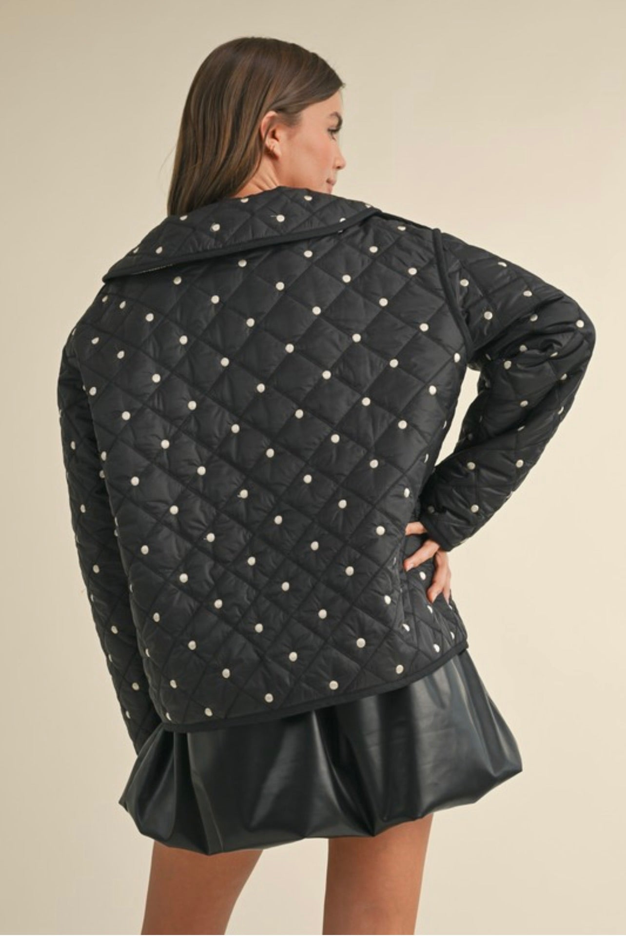 Polkadot Embroidered Quilted Jacket for Women - Stylish Black Winter Coat with Padded Insulation | Perfect for Casual Outings, Office Wear & Outdoor Activities