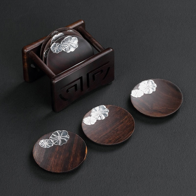 Premium Peach Blossom Ebony Wood Coaster Set - Natural Wood Drink Coasters for Coffee, Wine & Cocktails - Elegant Home Bar & Dining Table Decor