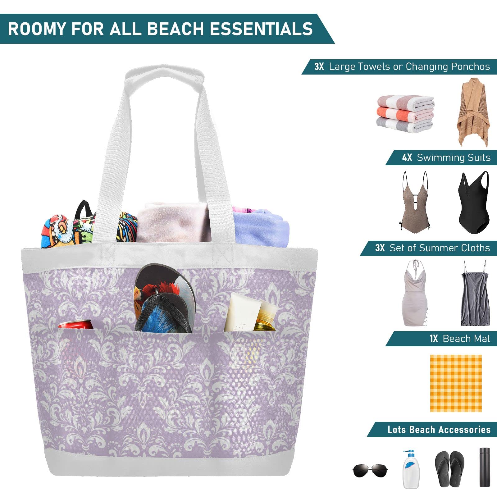 Stylish Baroque Floral Mesh Beach Tote Bag with Zipper & Pockets - Lightweight Waterproof Pool Bag for Women | Perfect for Beach Vacations, Swimming, Travel & Summer Essentials