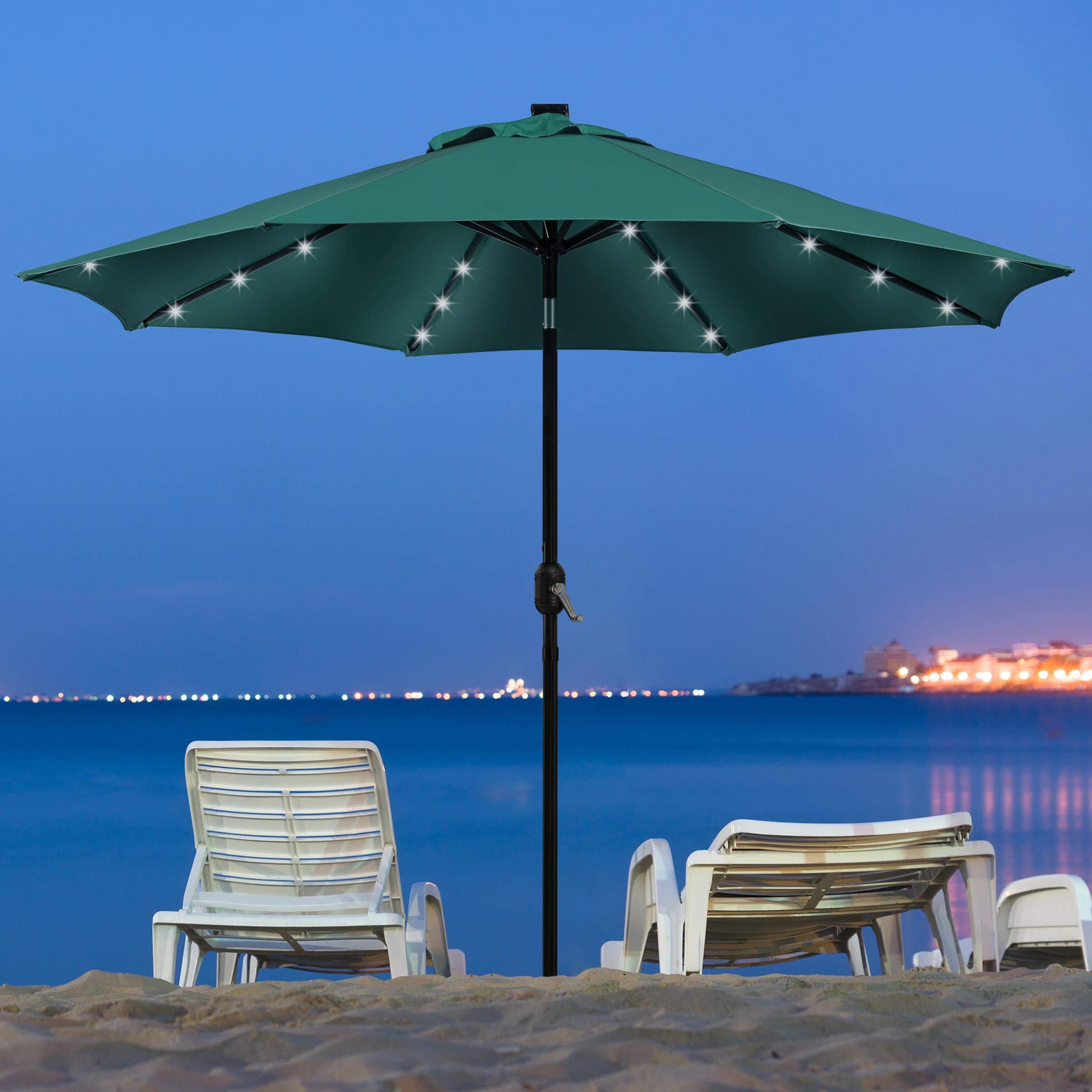 Yaheetech 9FT Solar LED Patio Umbrella with Crank Lift & Tilt - UV Protection Outdoor Market Umbrella for Garden, Deck, Poolside (32 LED Lights, Dark Green) - Perfect for Backyard BBQs, Pool Parties & Outdoor Dining