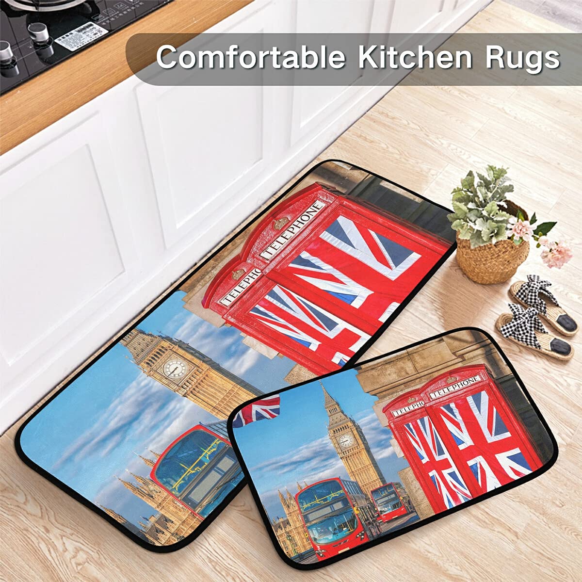 British Union Jack Flag Kitchen Rugs Set of 2 - Non-Slip Washable Floor Mats for Sink Area, Laundry Room & Office - UK Themed Home Decor for London Fans