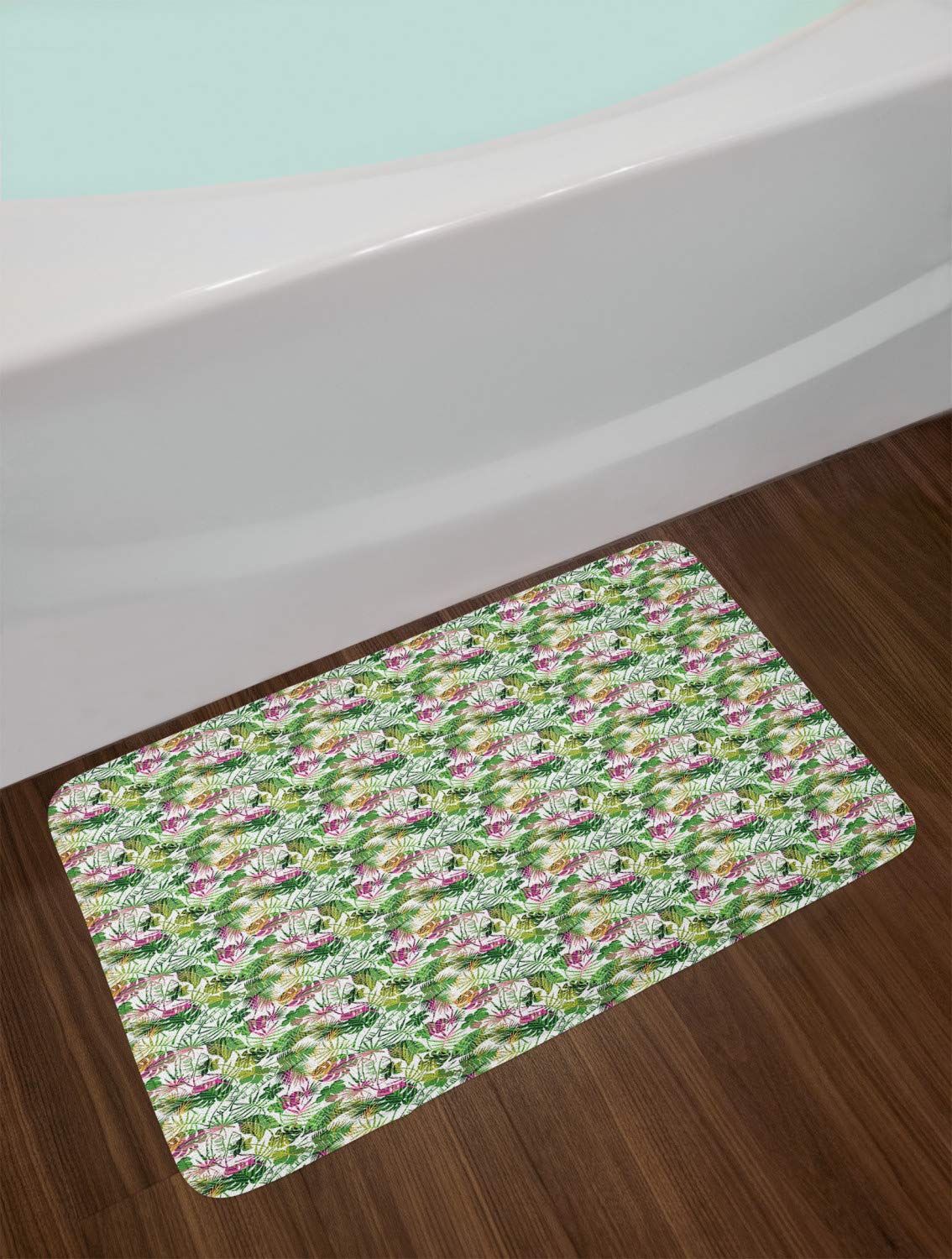 Ambesonne Tropical Bath Mat - Non-Slip Plush Bathroom Rug with Exotic Hawaiian Flora & Jungle Design, 30.2